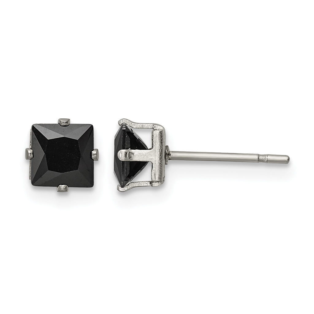 Stainless Steel Polished Square Black Cubic Zirconia Stud Earrings