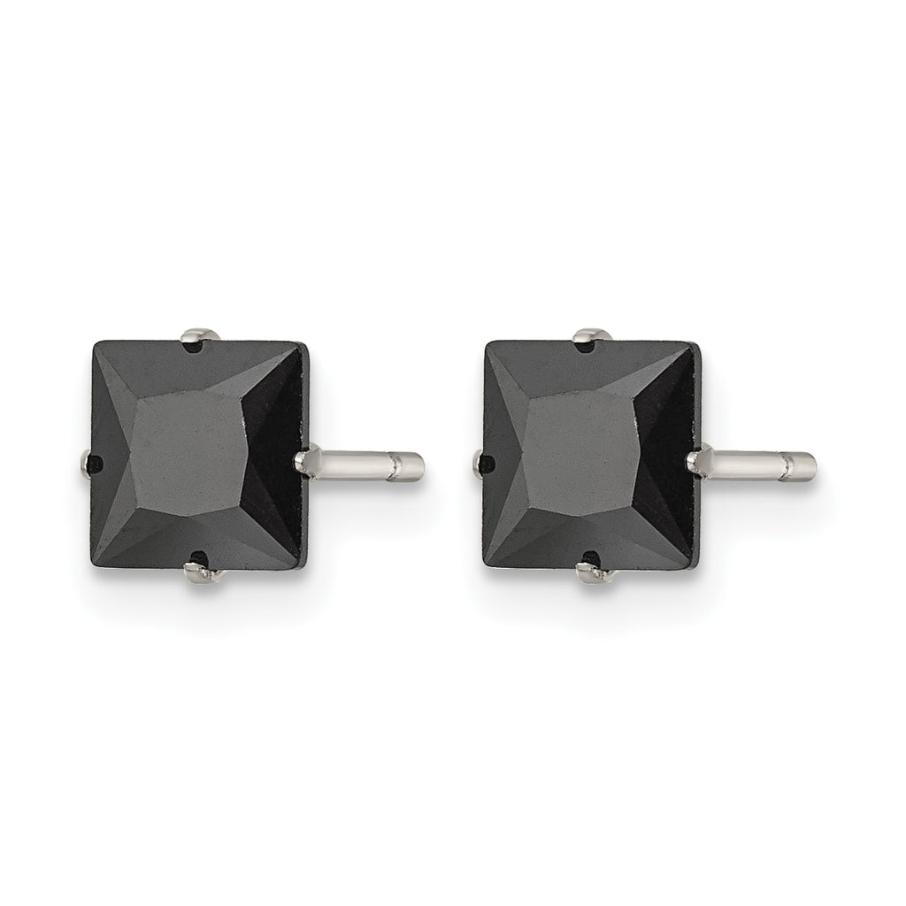 Stainless Steel Polished Square Black Cubic Zirconia Stud Earrings