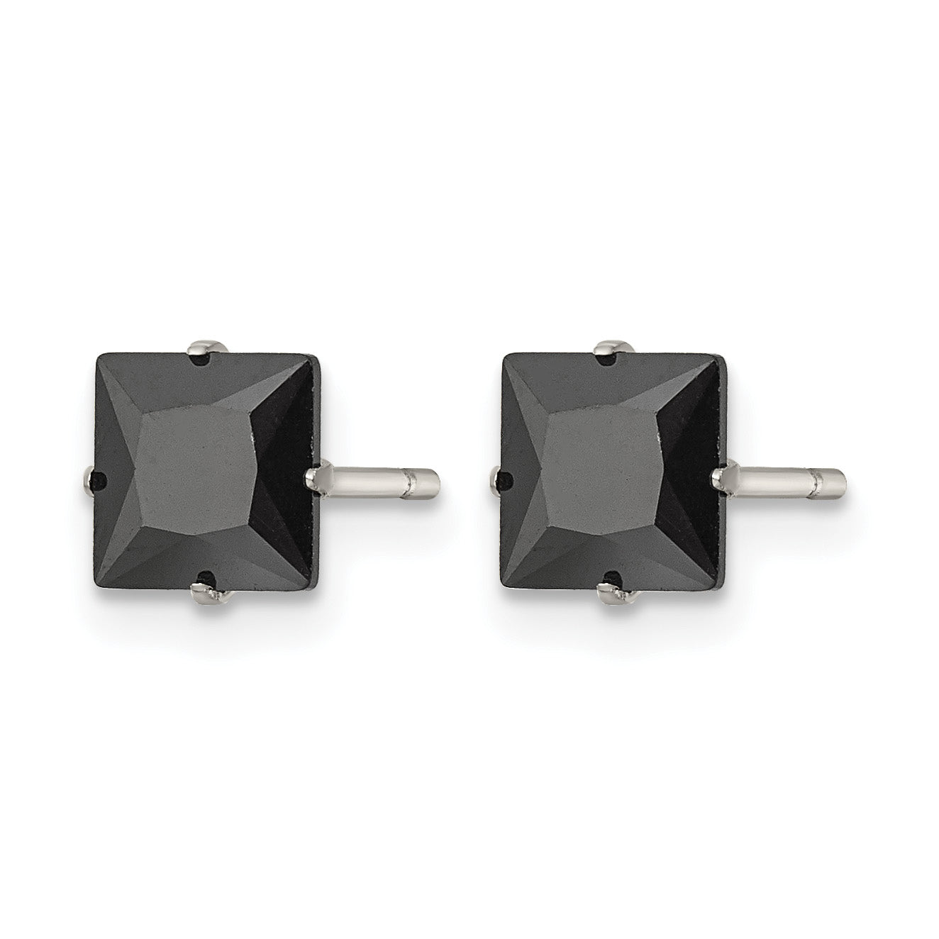 Stainless Steel Polished Square Black Cubic Zirconia Stud Earrings