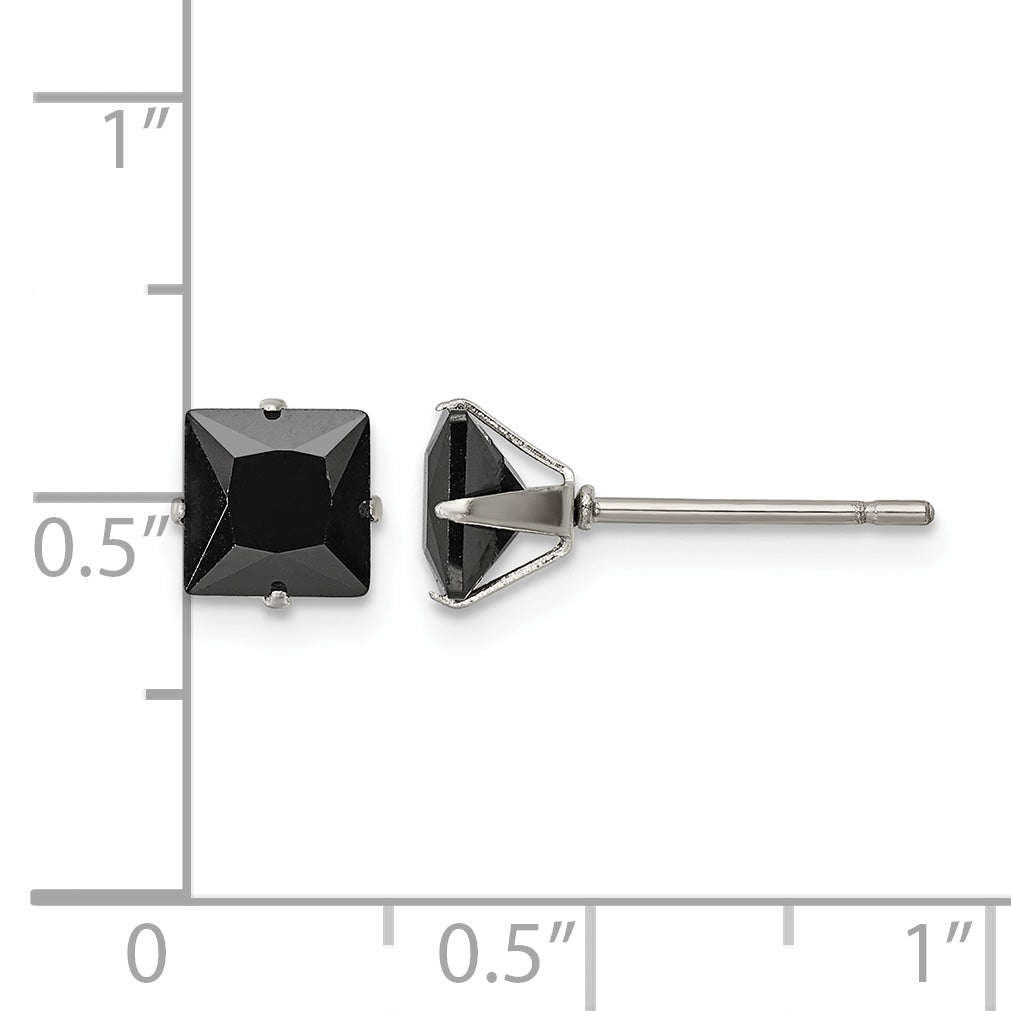 Stainless Steel Polished Square Black Cubic Zirconia Stud Earrings