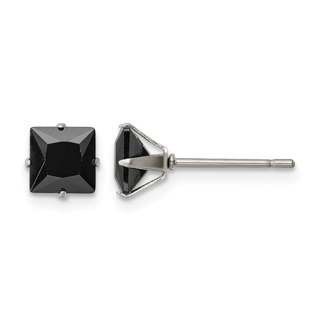 Stainless Steel Polished Square Black Cubic Zirconia Stud Earrings