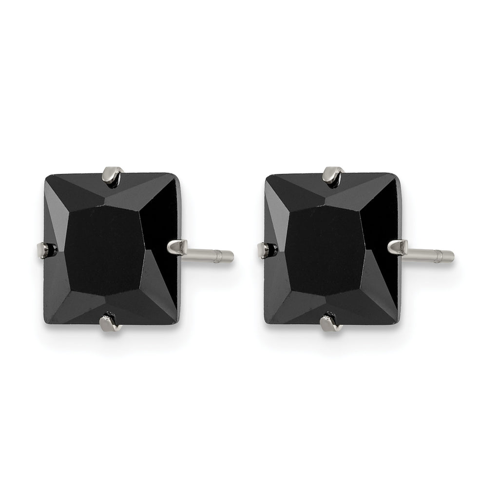Stainless Steel Polished Square Black Cubic Zirconia Stud Earrings