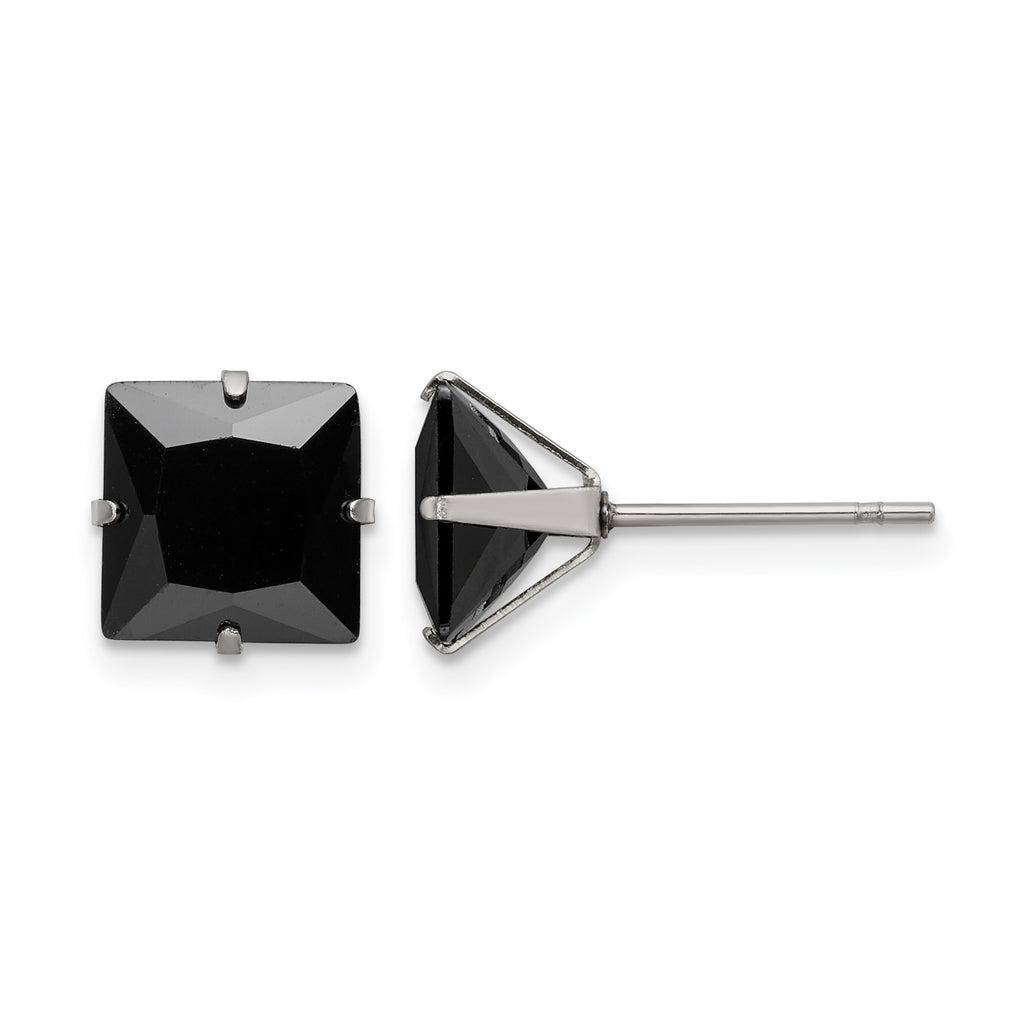 Stainless Steel Polished Square Black Cubic Zirconia Stud Earrings