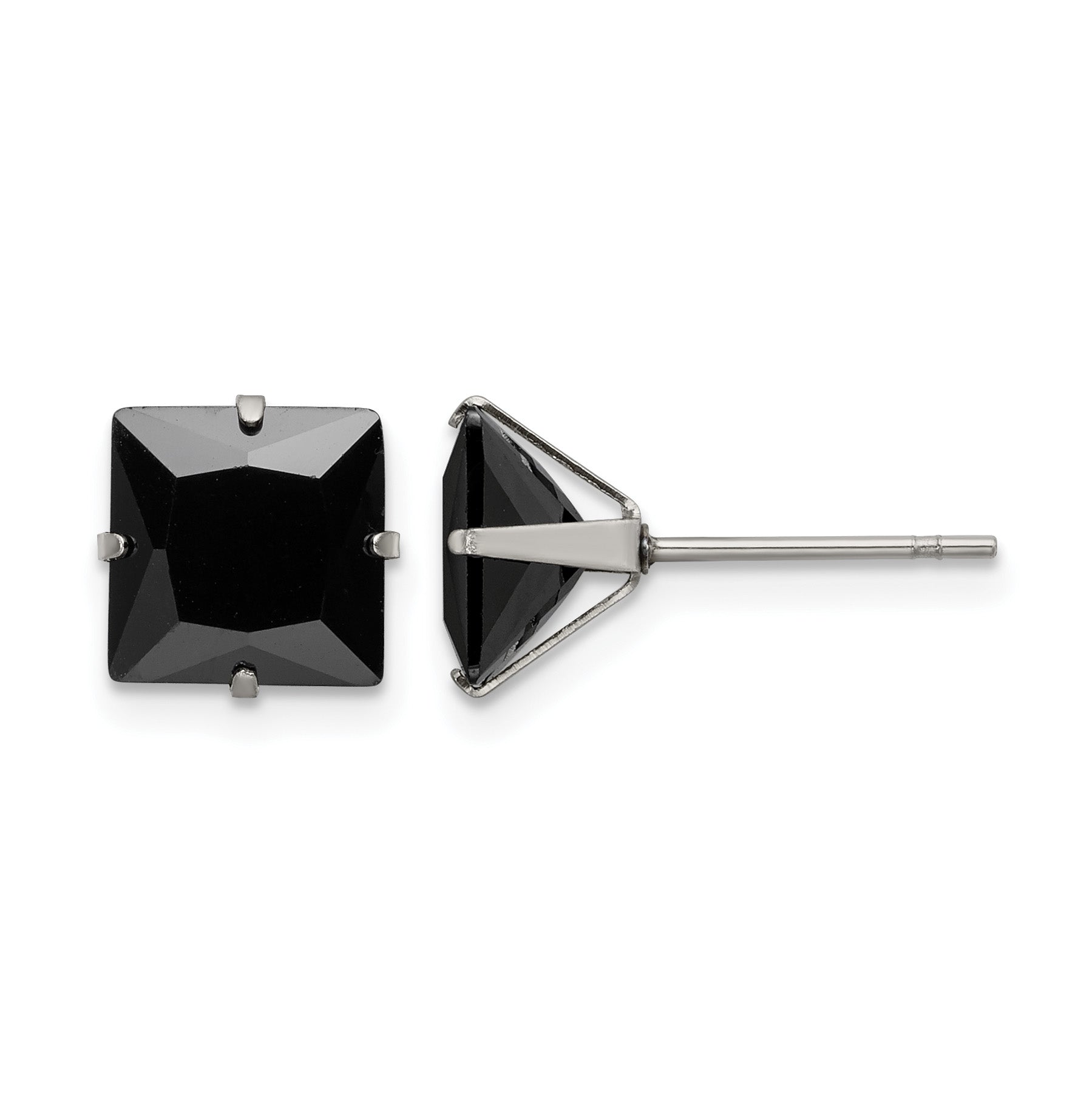 Stainless Steel Polished Square Black Cubic Zirconia Stud Earrings