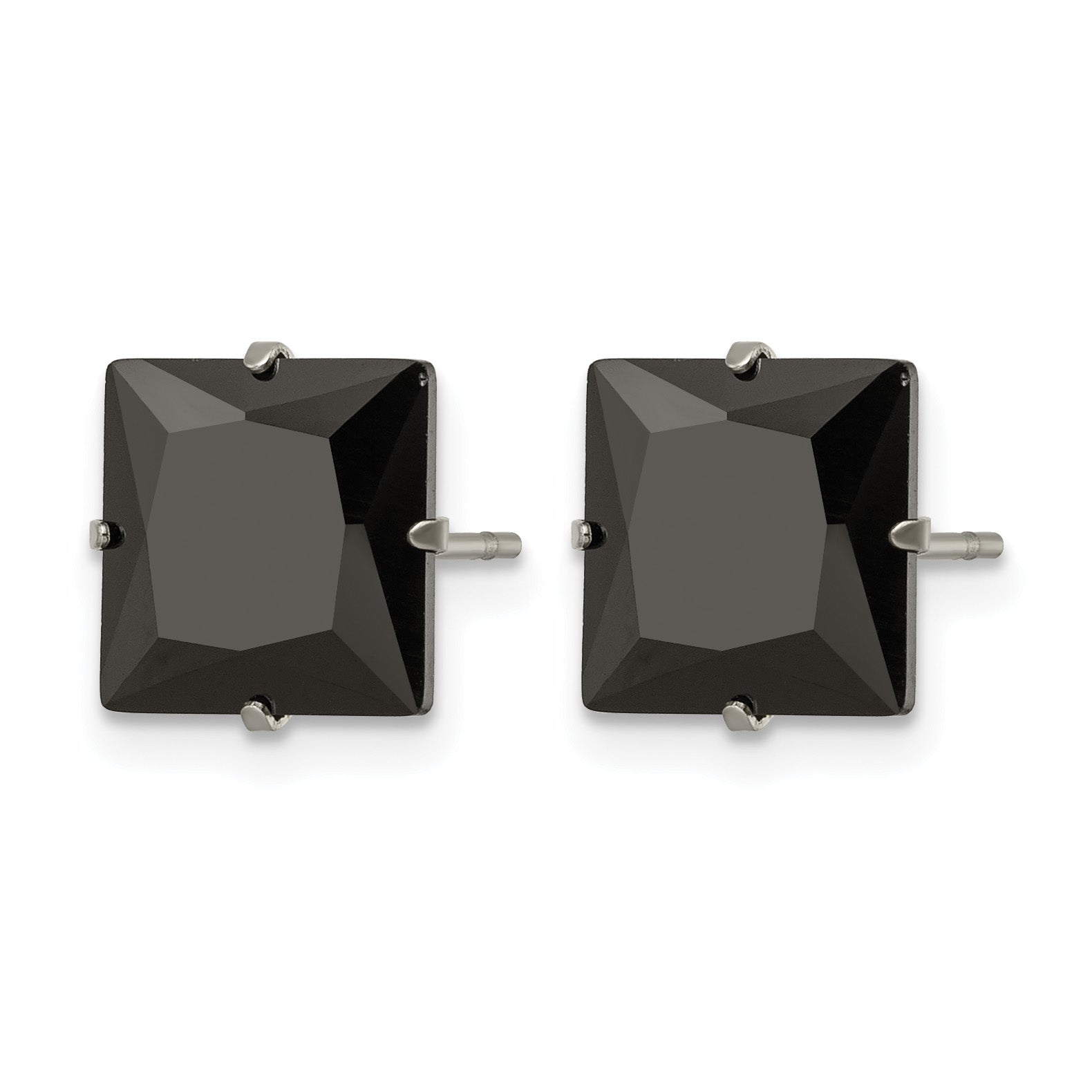 Stainless Steel Polished Square Black Cubic Zirconia Stud Earrings
