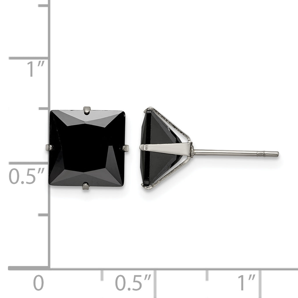 Stainless Steel Polished Square Black Cubic Zirconia Stud Earrings