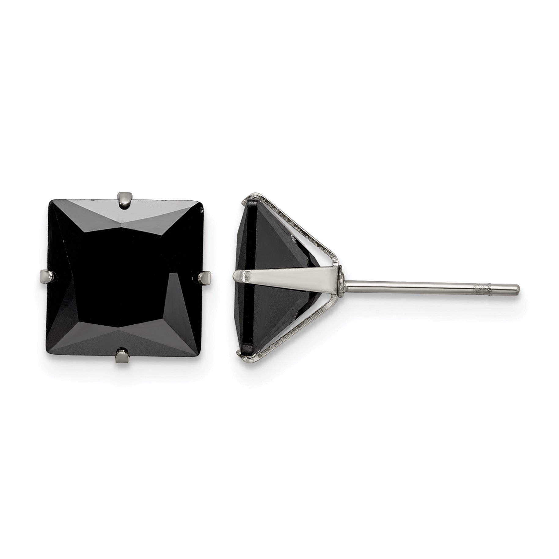 Stainless Steel Polished Square Black Cubic Zirconia Stud Earrings