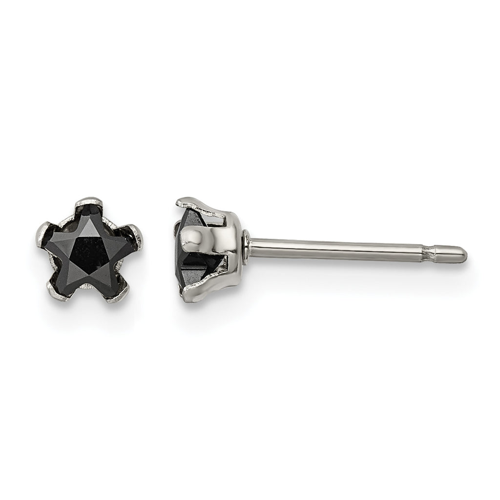 Stainless Steel Polished Star Black Cubic Zirconia Stud Earrings