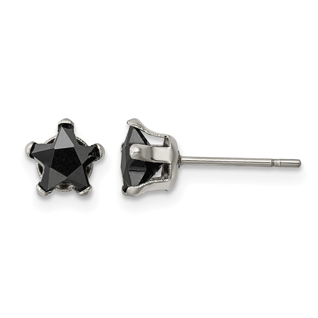 Stainless Steel Polished Star Black Cubic Zirconia Stud Earrings