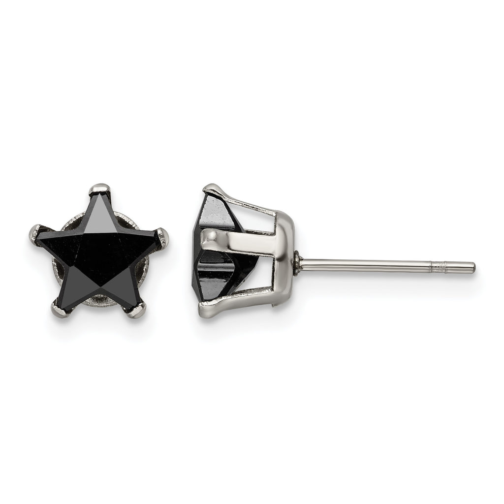 Stainless Steel Polished Star Black Cubic Zirconia Stud Earrings