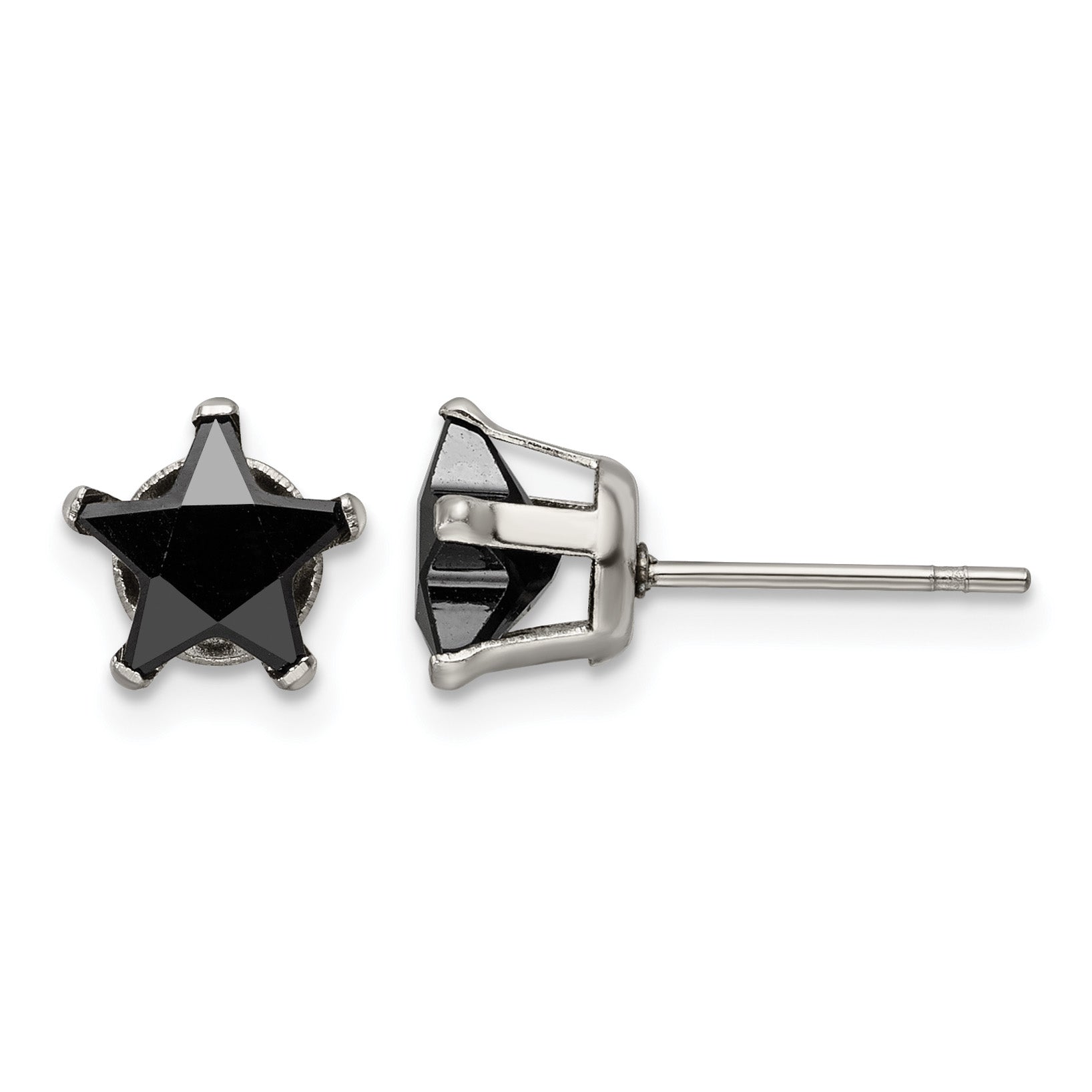 Stainless Steel Polished Star Black Cubic Zirconia Stud Earrings