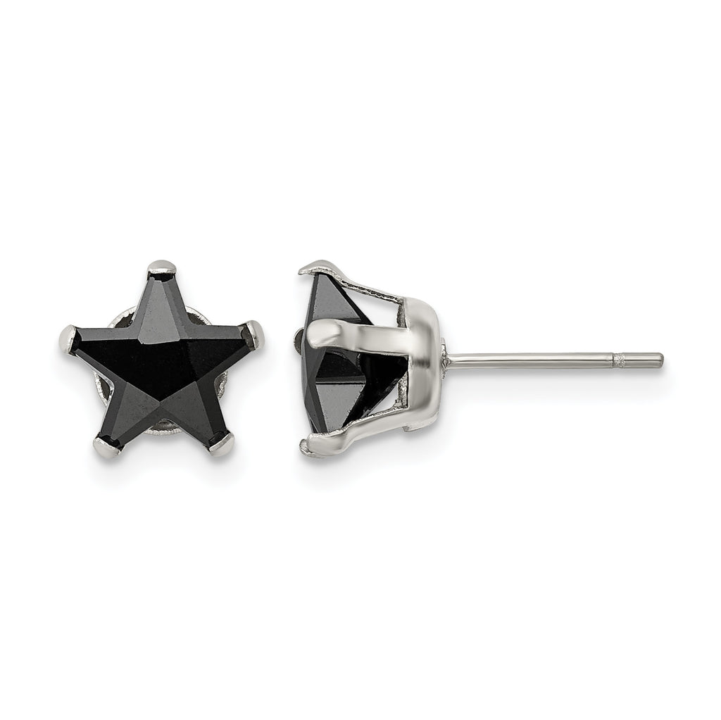 Stainless Steel Polished Star Black Cubic Zirconia Stud Earrings