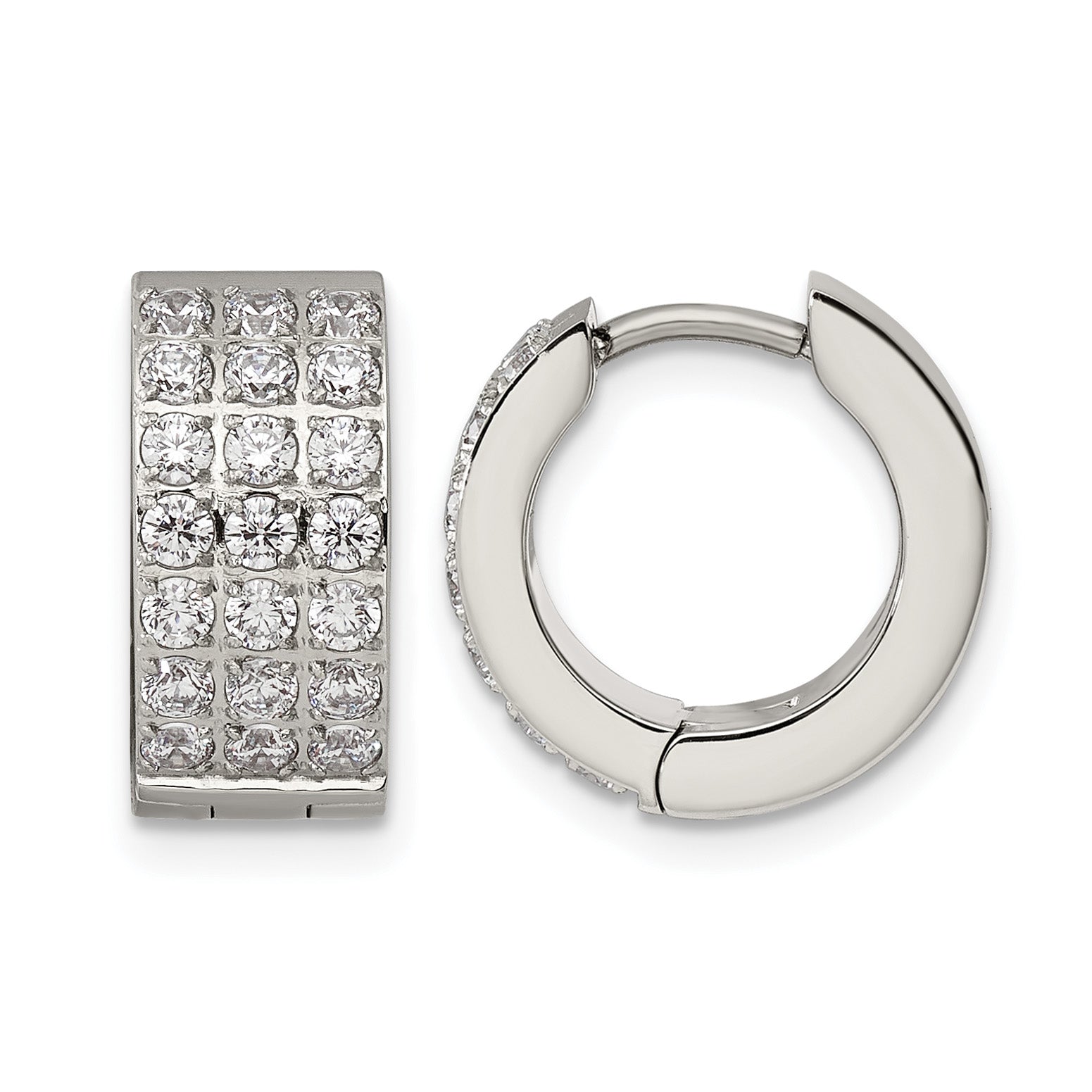 Stainless Steel Polished Hinged Cubic Zirconia Huggie Hoop Earrings for Women