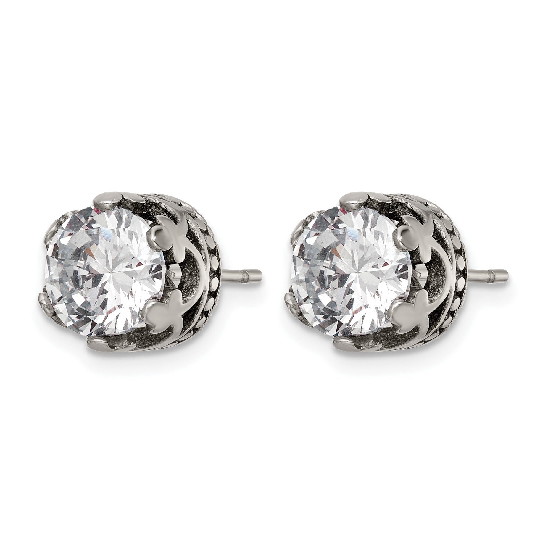 Stainless Steel Polished & Antiqued Cubic Zirconia Stud Earrings Main image