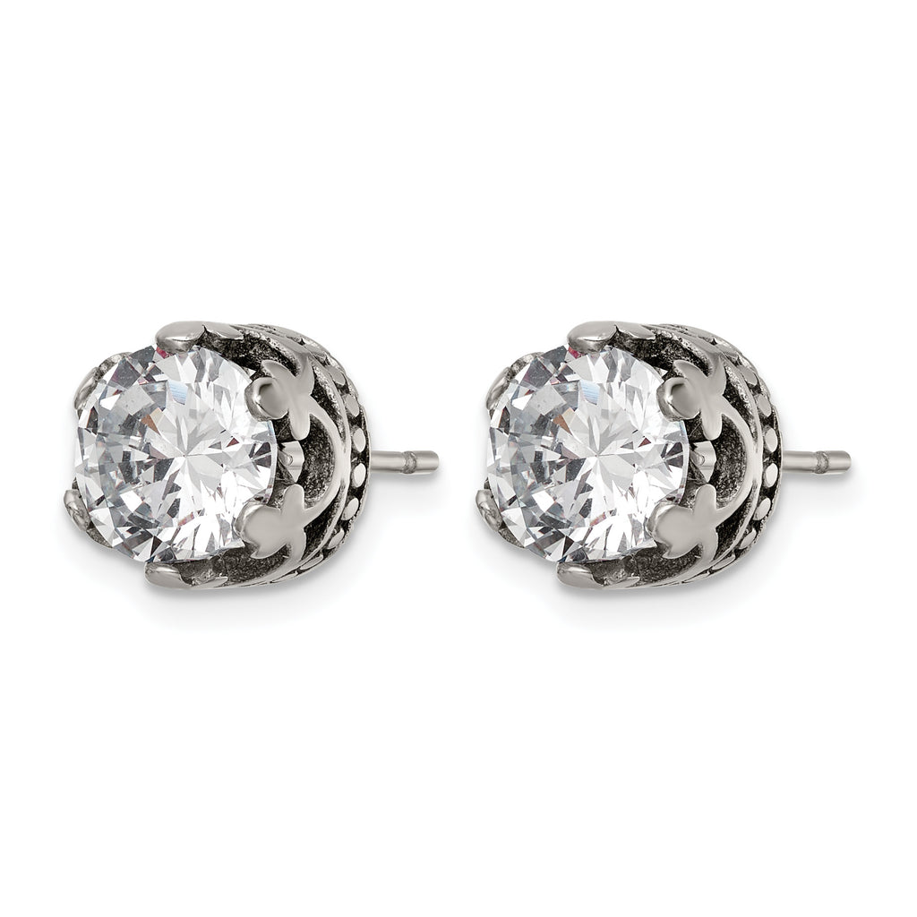 Stainless Steel Polished & Antiqued Cubic Zirconia Stud Earrings