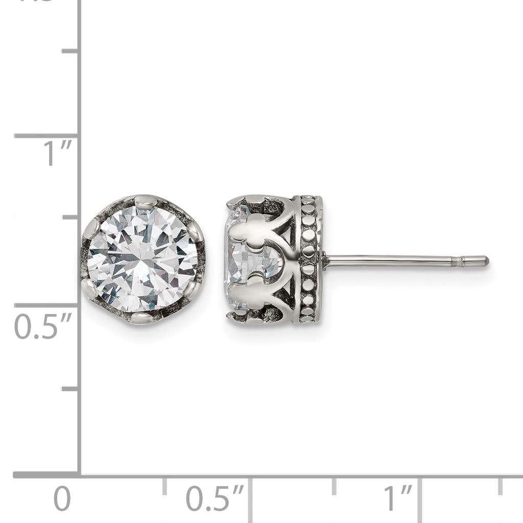 Stainless Steel Polished & Antiqued Cubic Zirconia Stud Earrings