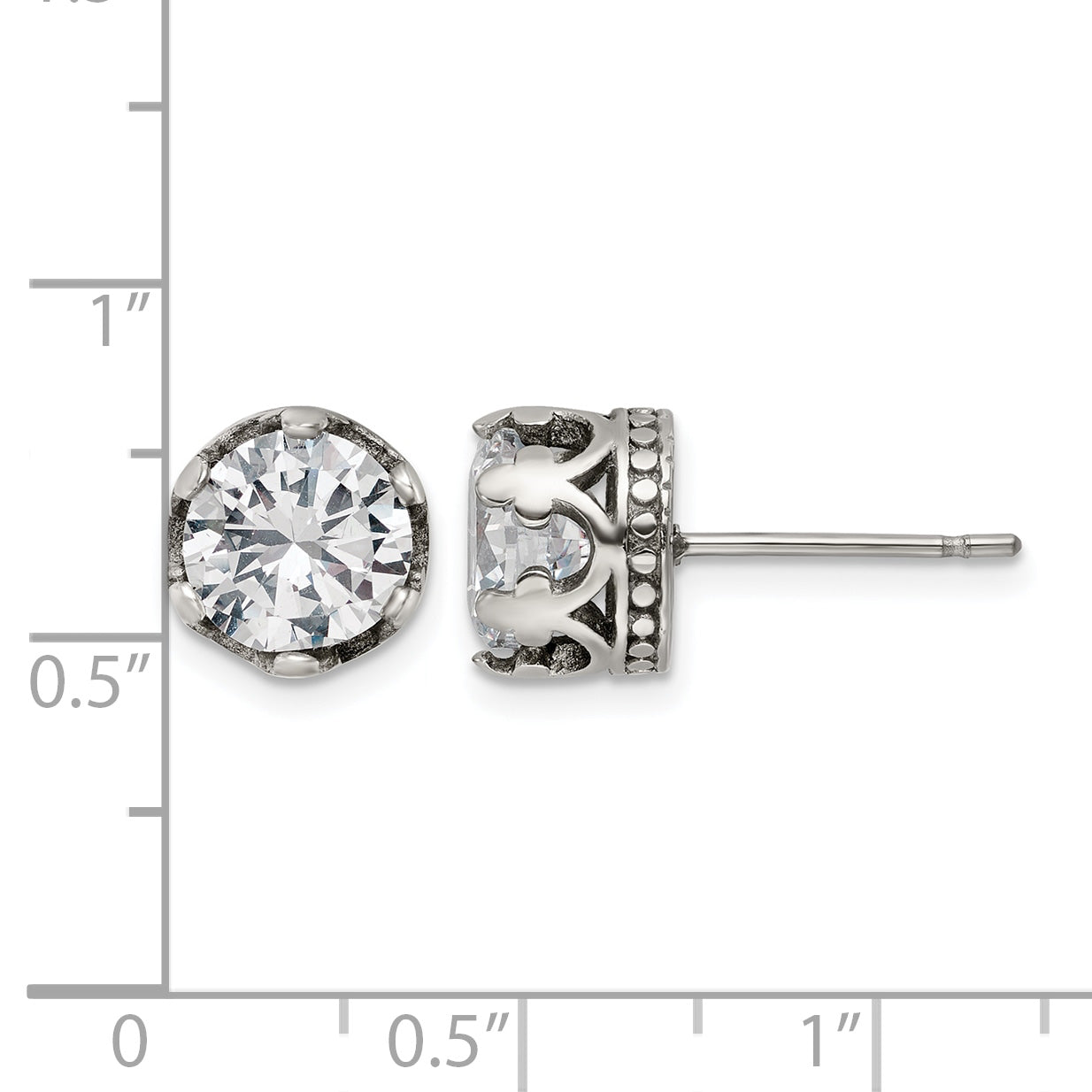 Stainless Steel Polished & Antiqued Cubic Zirconia Stud Earrings