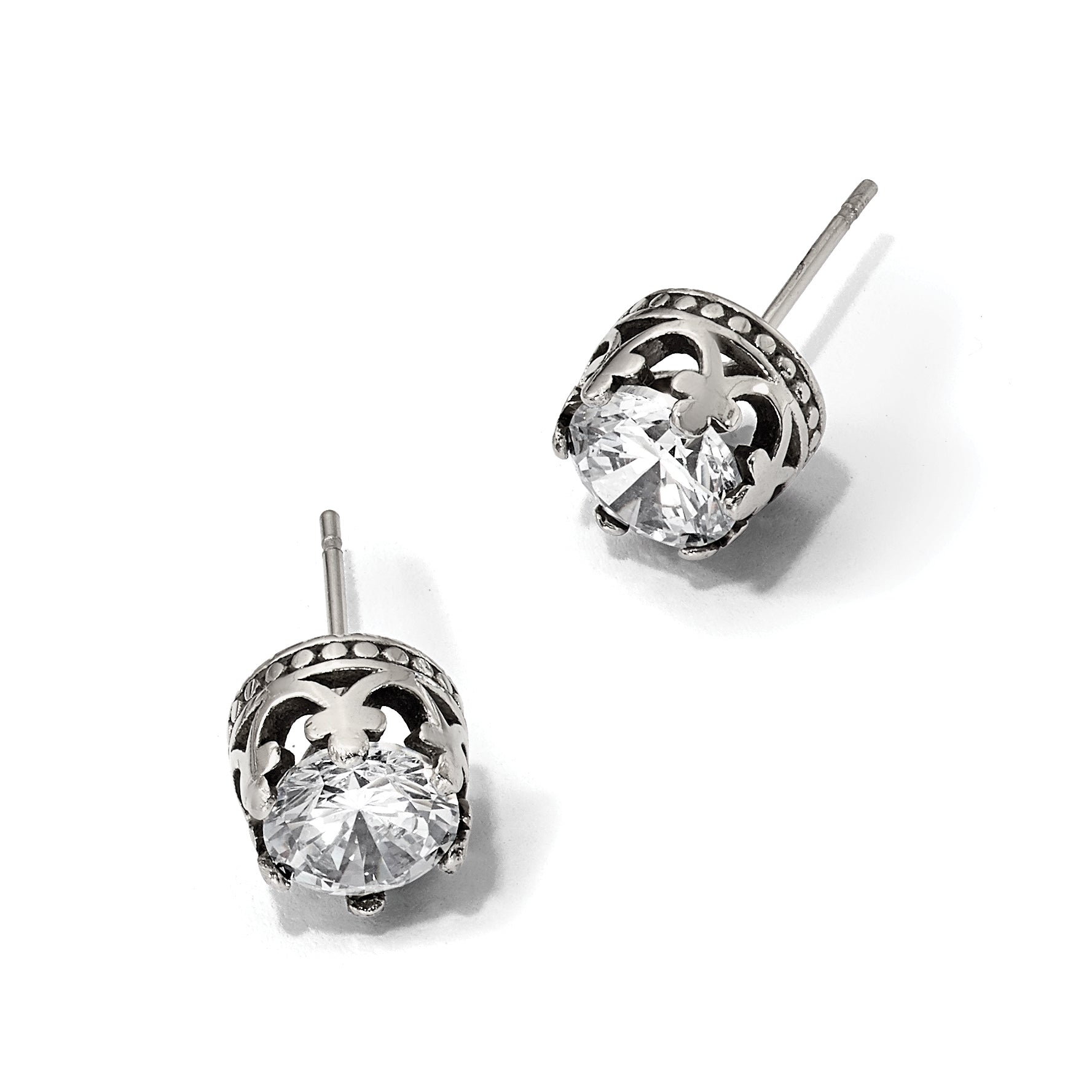 Stainless Steel Polished & Antiqued Cubic Zirconia Stud Earrings
