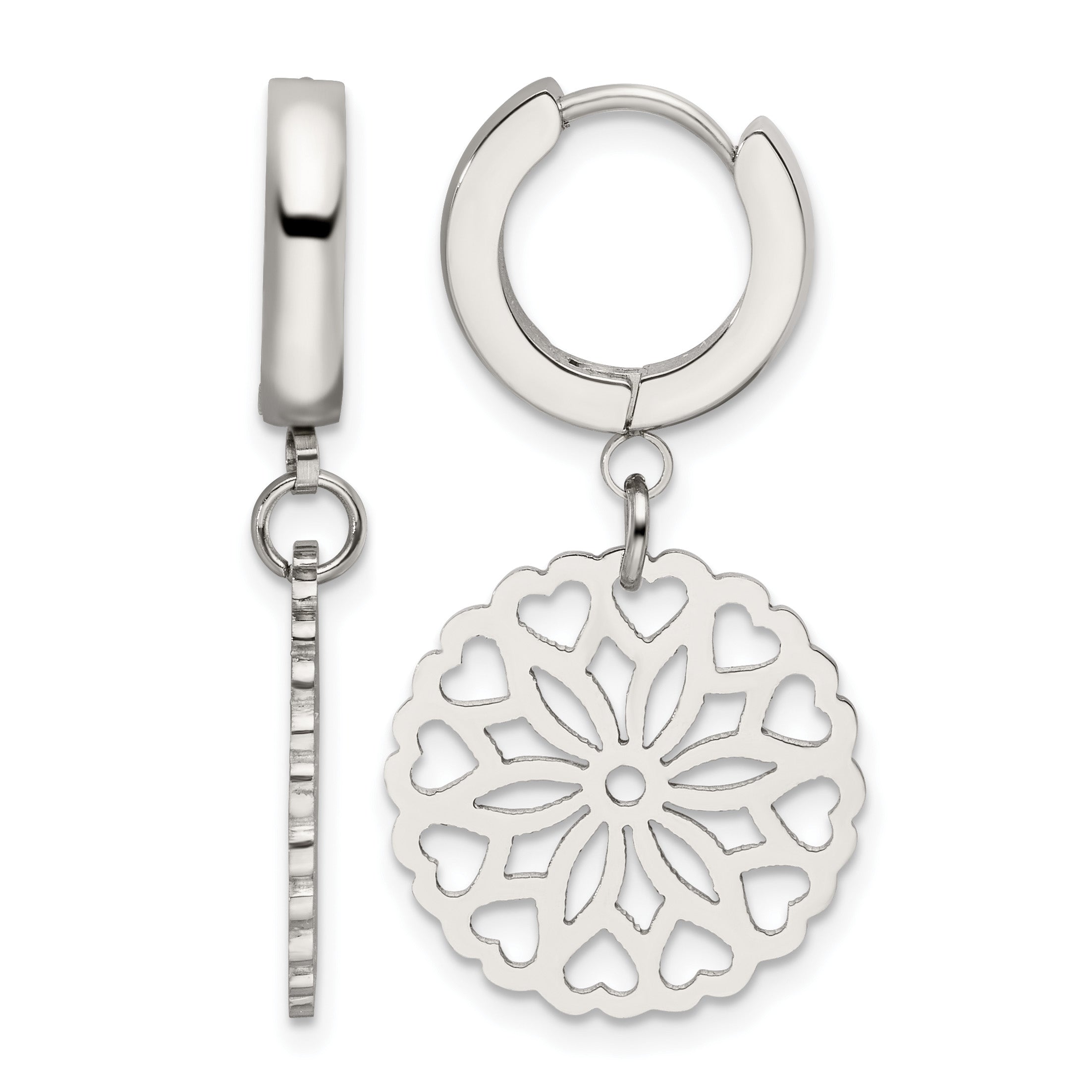 Stainless Steel Polished Hinged Flower Huggie Hoop Earrings for Women