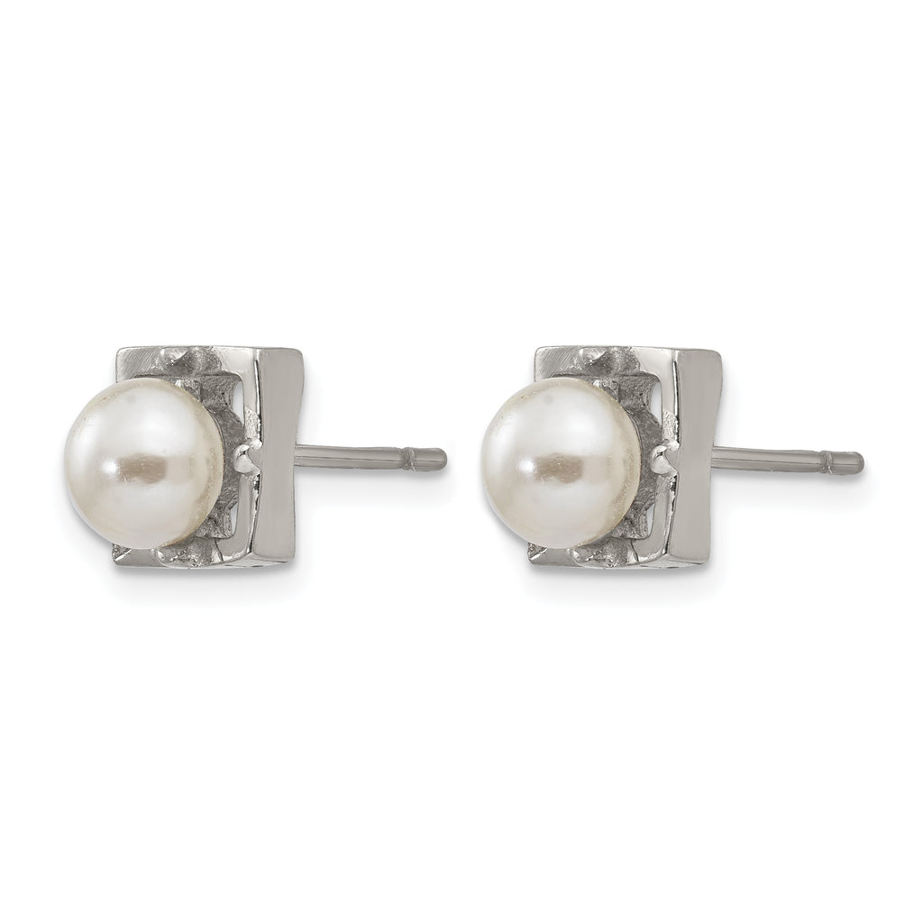Stainless Steel Polished Square Pear Simulated Pearl Button Earrings for Women
