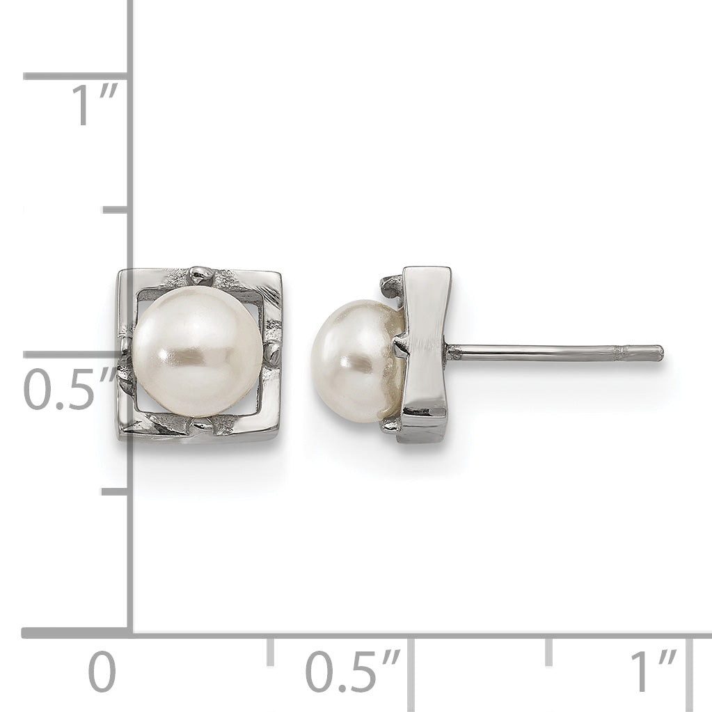 Stainless Steel Polished Square Pear Simulated Pearl Button Earrings for Women