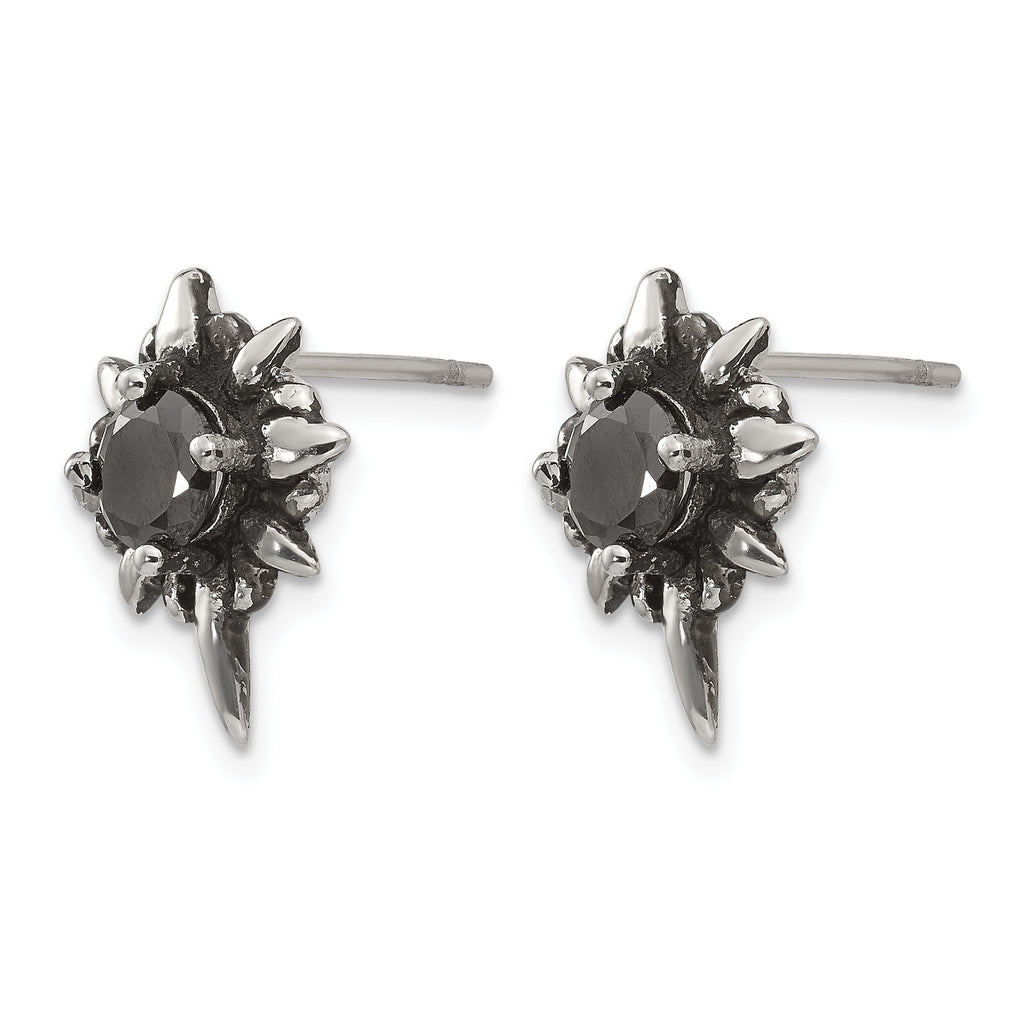 Stainless Steel Polished & Antiqued Black Cubic Zirconia Button Earrings for Women