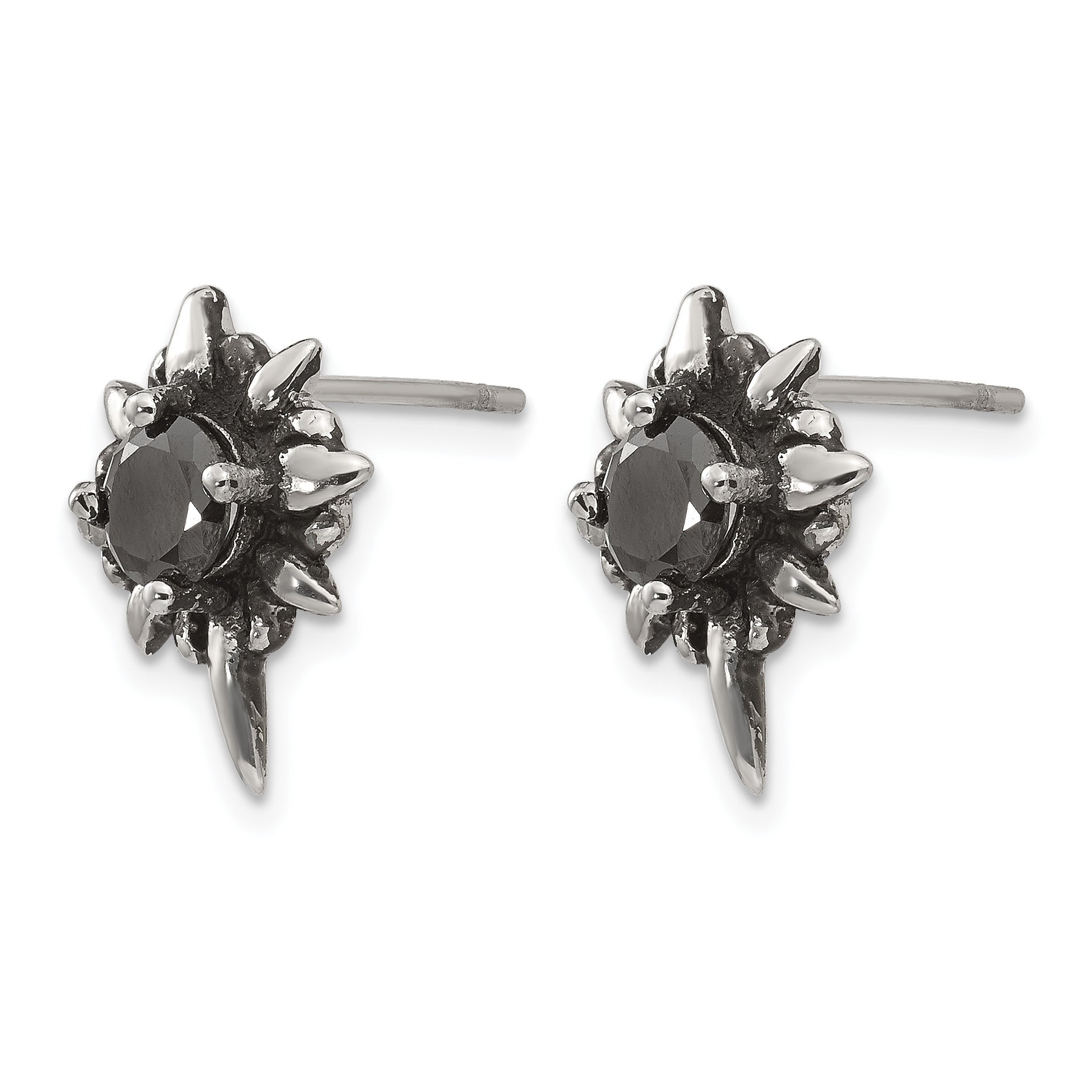 Stainless Steel Polished & Antiqued Black Cubic Zirconia Button Earrings for Women