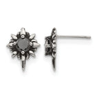 Stainless Steel Polished & Antiqued Black Cubic Zirconia Button Earrings for Women