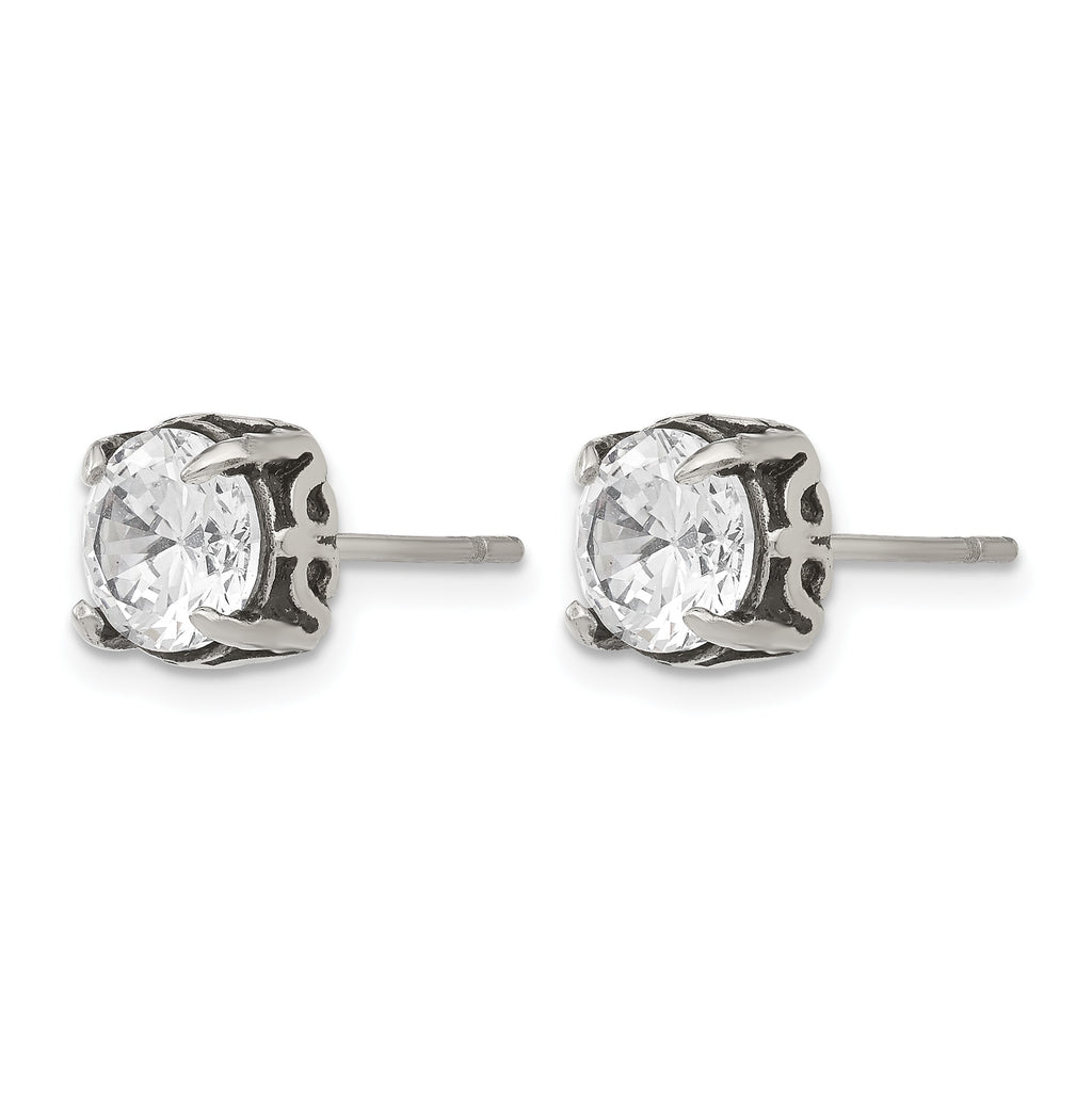 Stainless Steel Polished & Antiqued Cubic Zirconia Stud Earrings