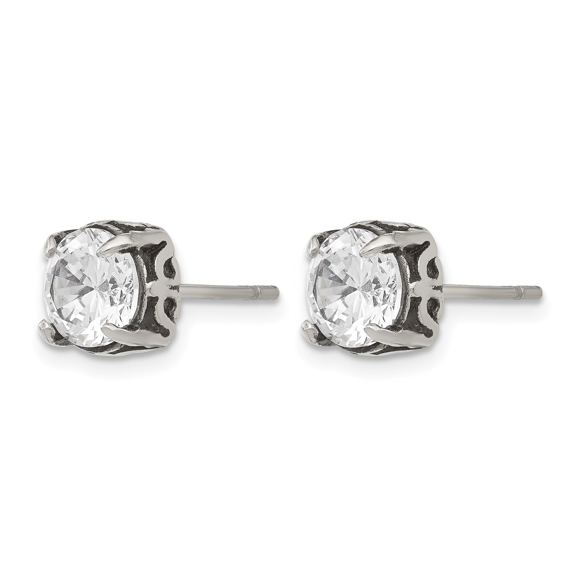 Stainless Steel Polished & Antiqued Cubic Zirconia Stud Earrings