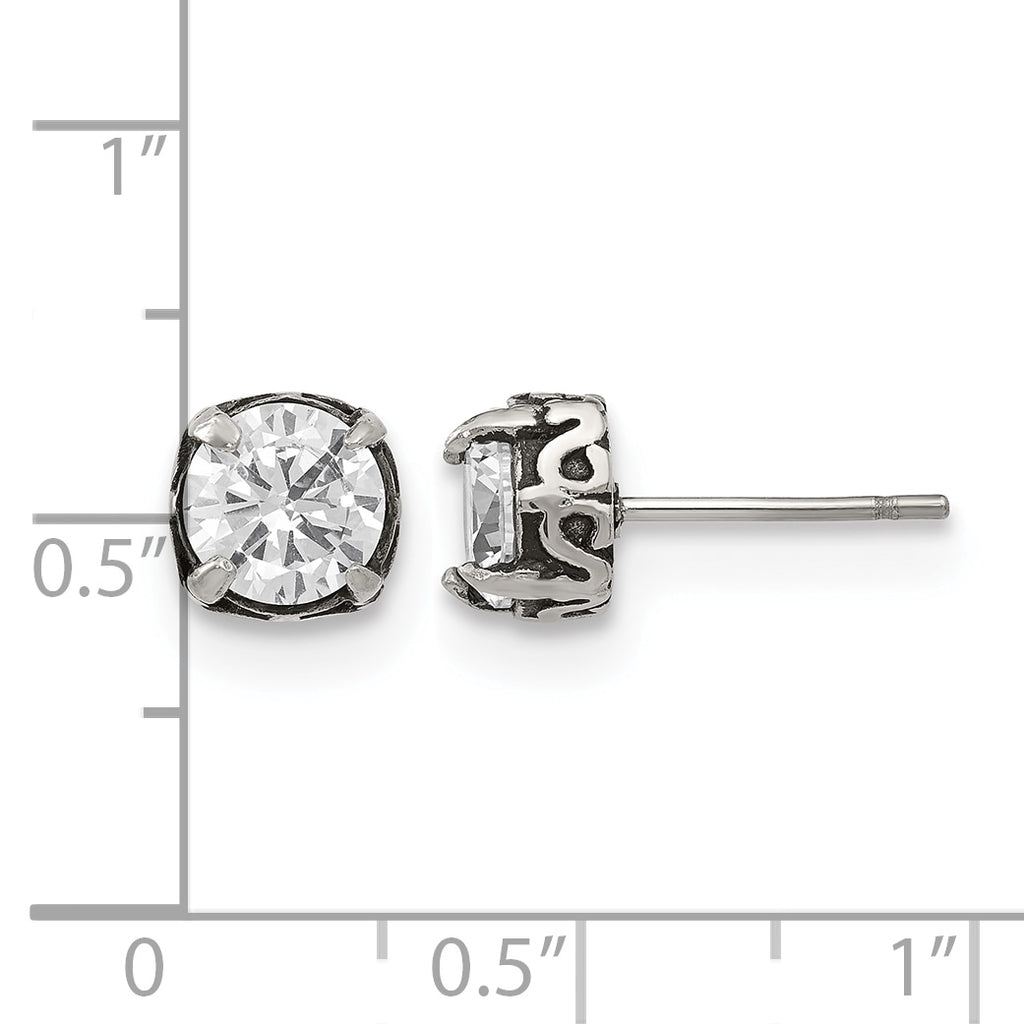 Stainless Steel Polished & Antiqued Cubic Zirconia Stud Earrings