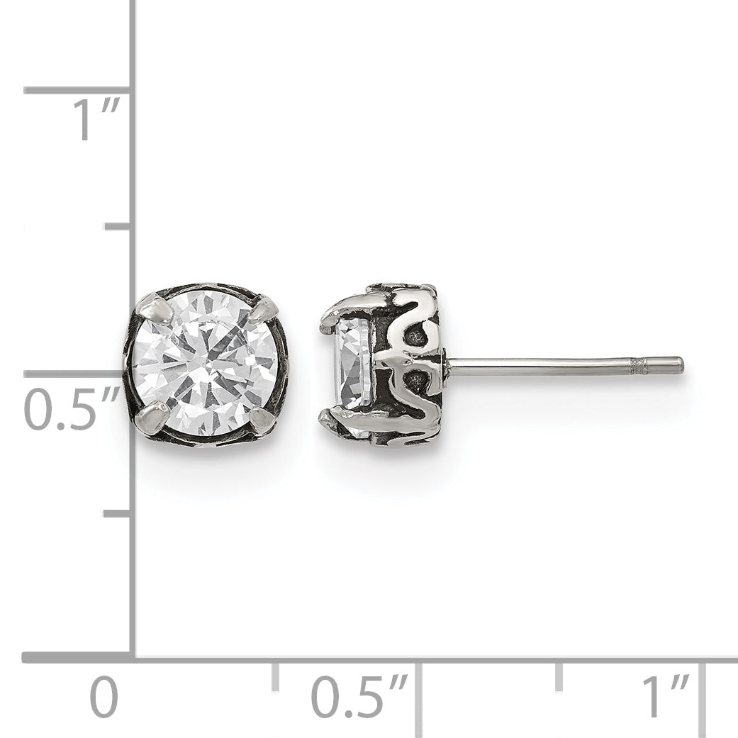 Stainless Steel Polished & Antiqued Cubic Zirconia Stud Earrings