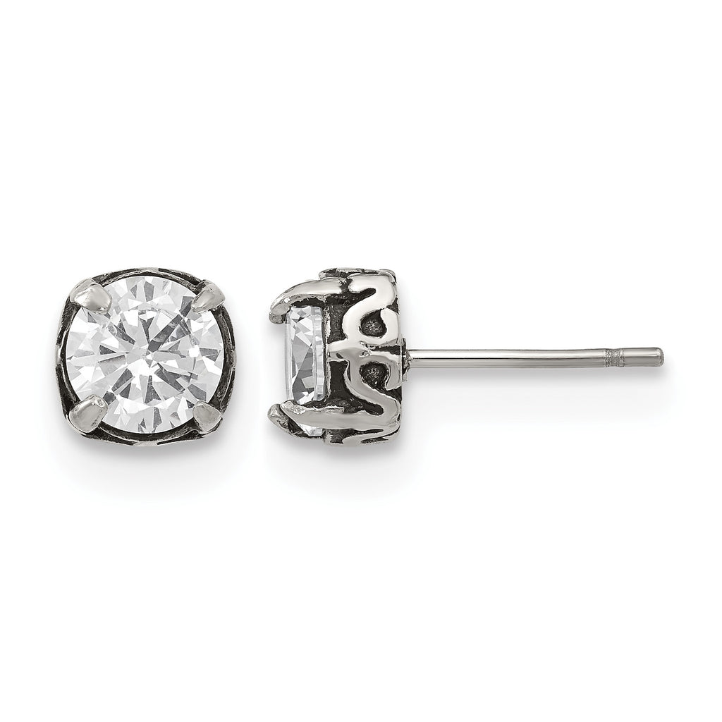 Stainless Steel Polished & Antiqued Cubic Zirconia Stud Earrings
