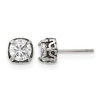 Stainless Steel Polished & Antiqued Cubic Zirconia Stud Earrings