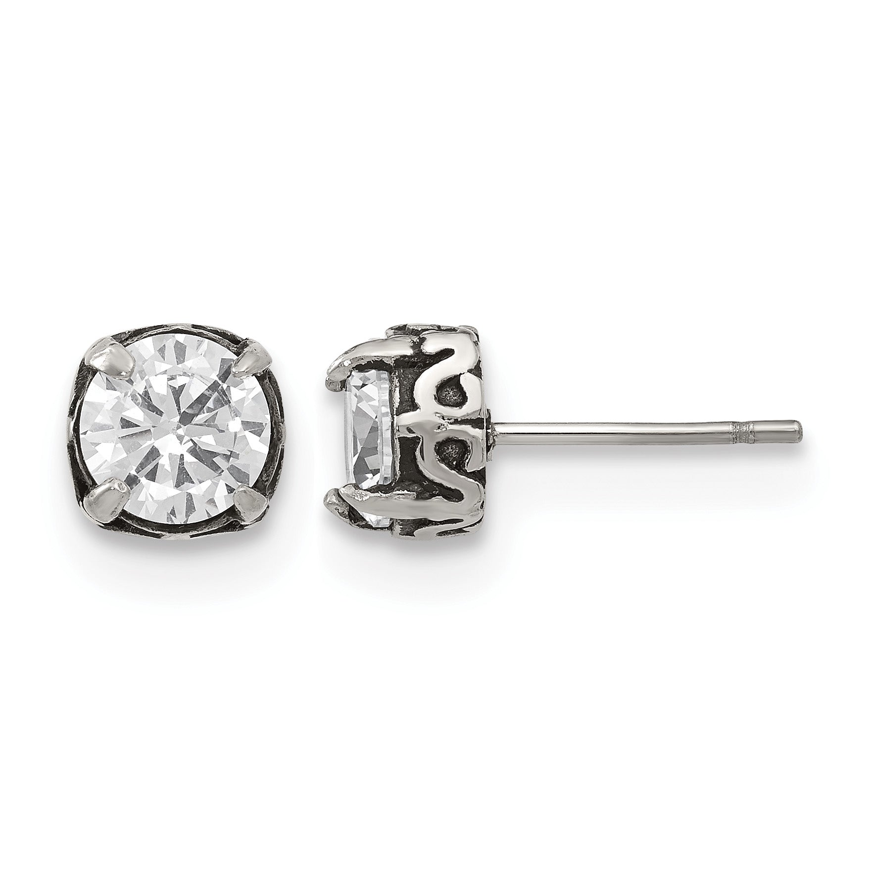 Stainless Steel Polished & Antiqued Cubic Zirconia Stud Earrings