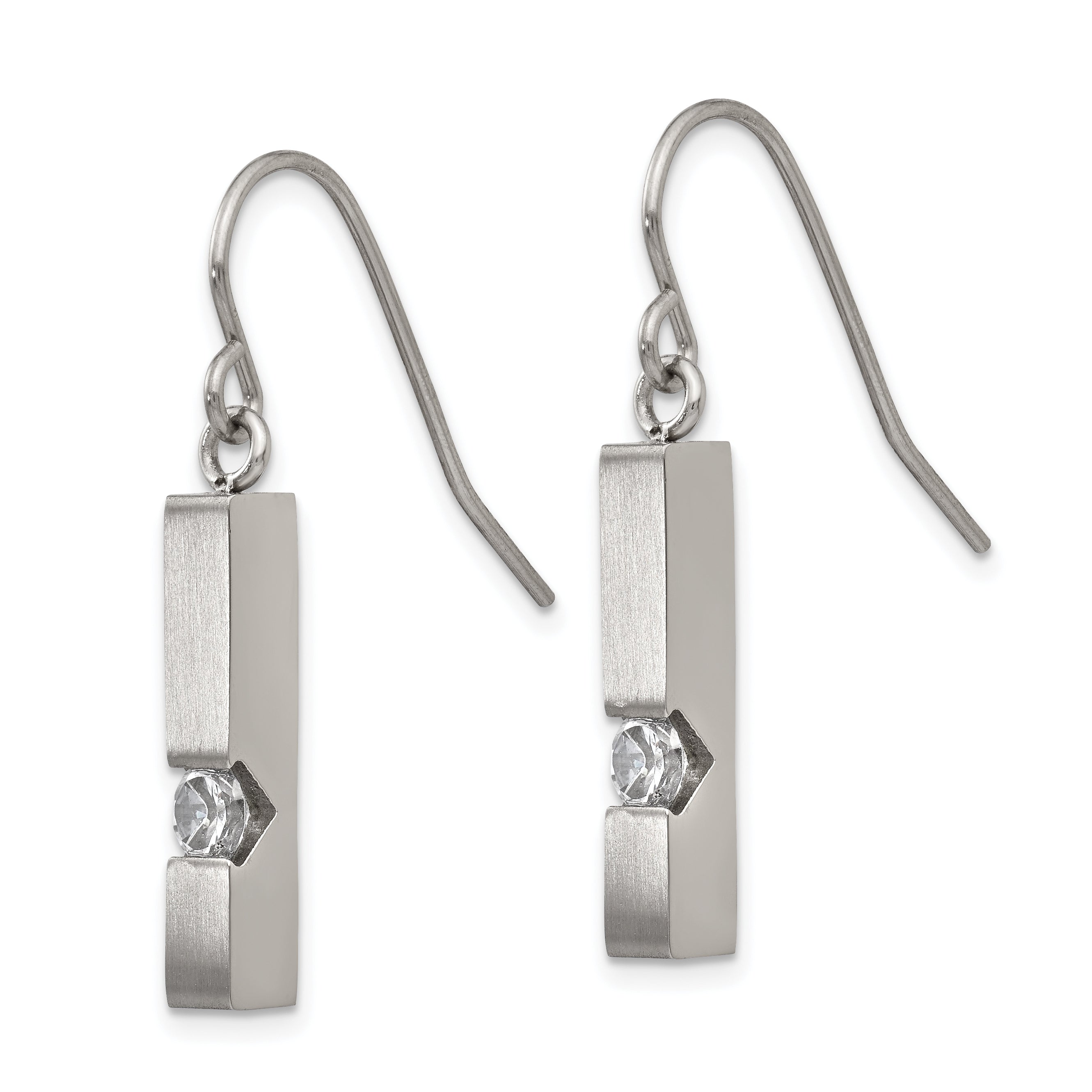 Chisel Stainless Steel Brushed and Polished with CZ Bar Dangle Shepherd Hook Earrings
