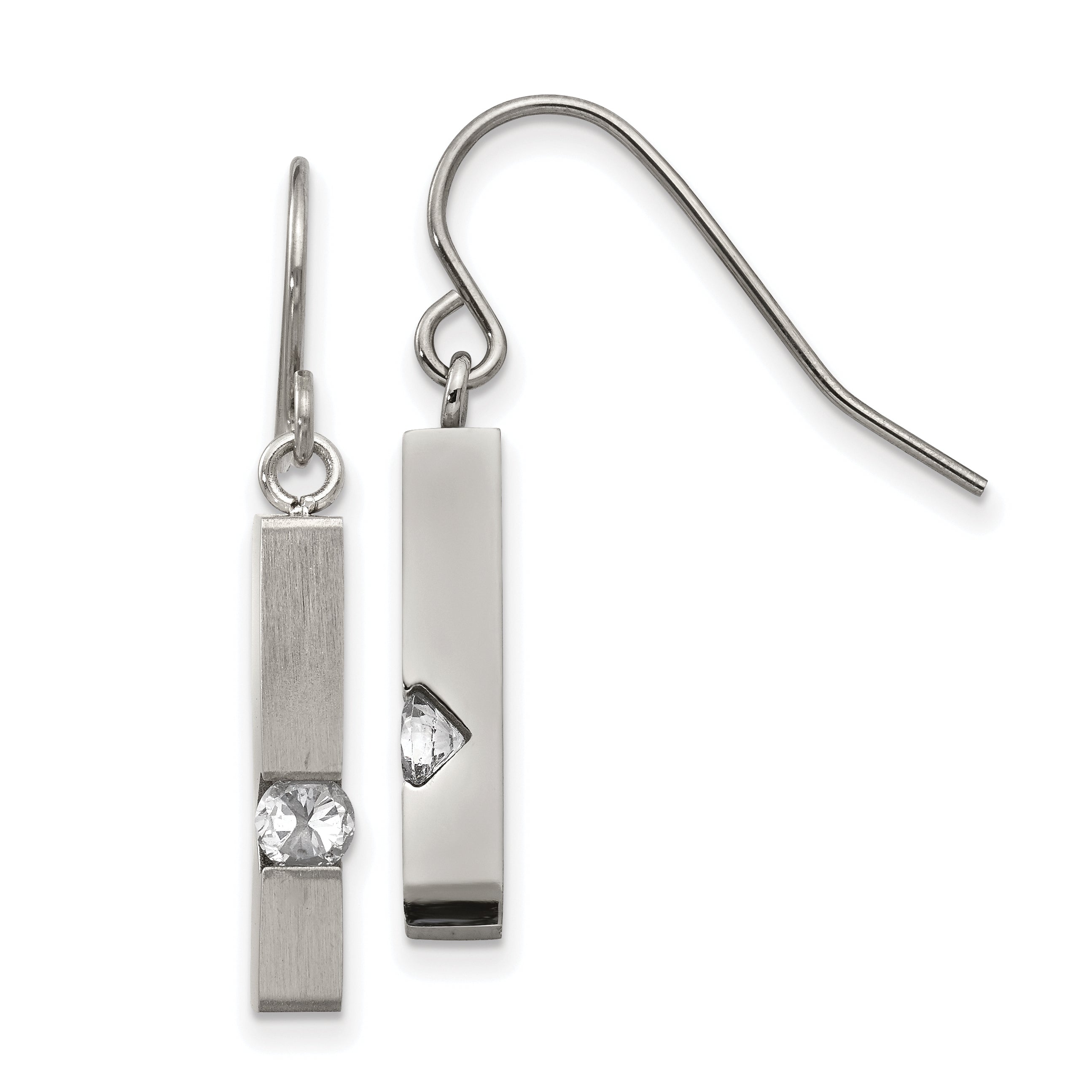Chisel Stainless Steel Brushed and Polished with CZ Bar Dangle Shepherd Hook Earrings