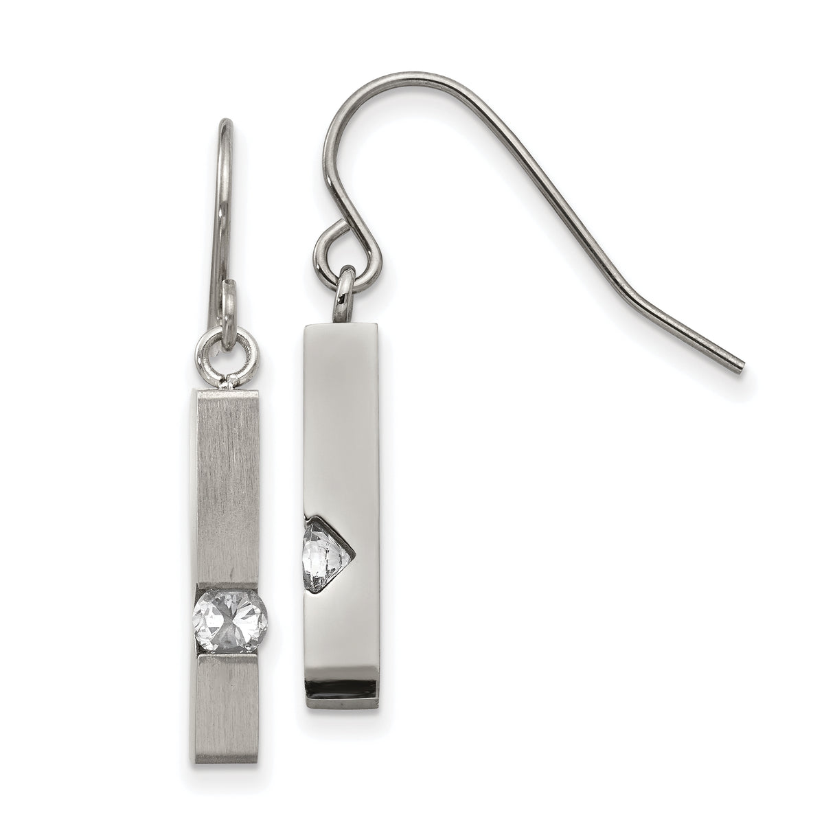 Chisel Stainless Steel Brushed and Polished with CZ Bar Dangle Shepherd Hook Earrings