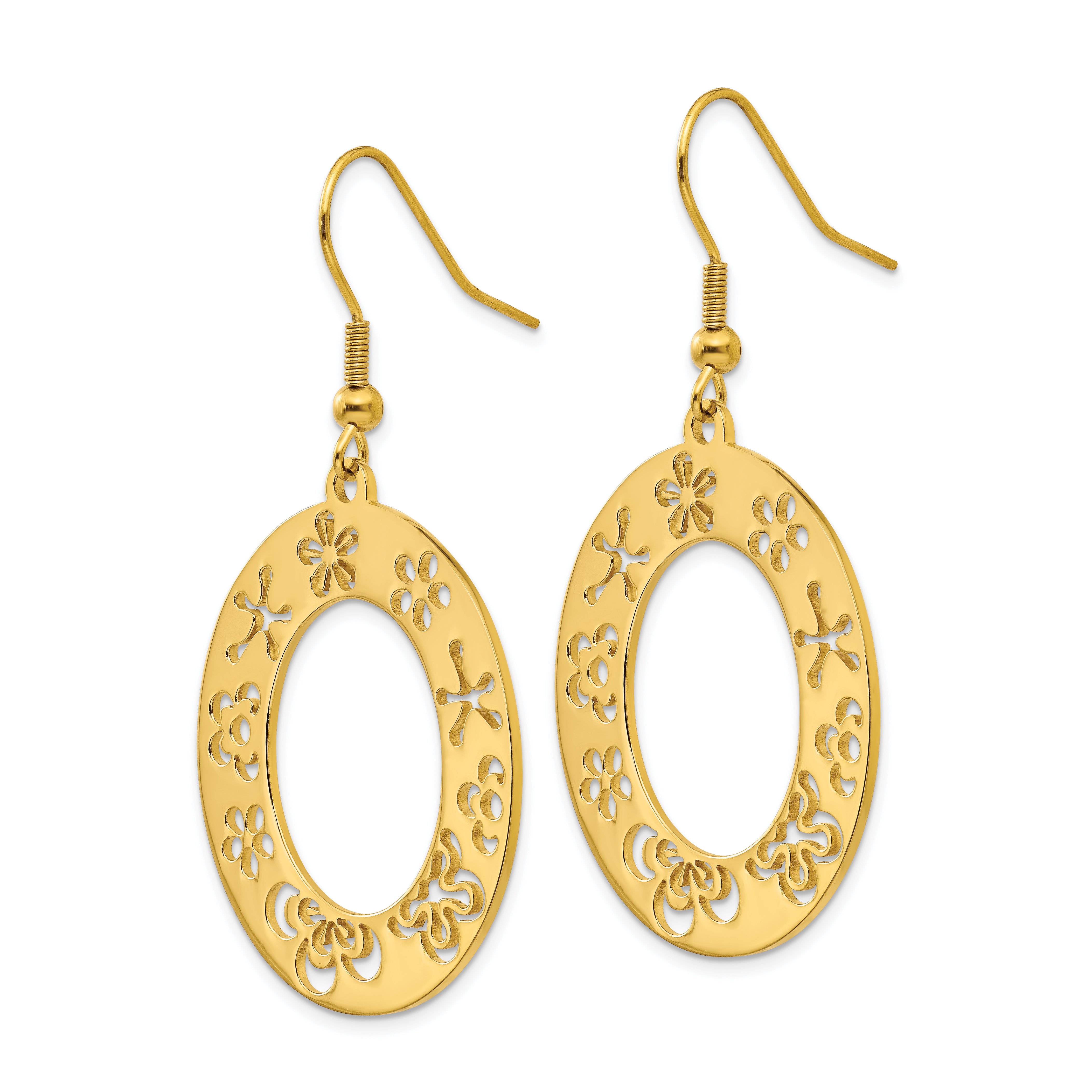 Stainless Steel Polished Yellow IP Flower Cutout Shepherd Hook Earrings