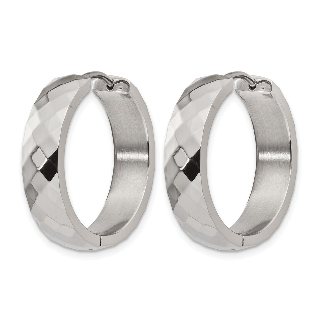 Stainless Steel Polished Textured Hinged Huggie Hoop Earrings