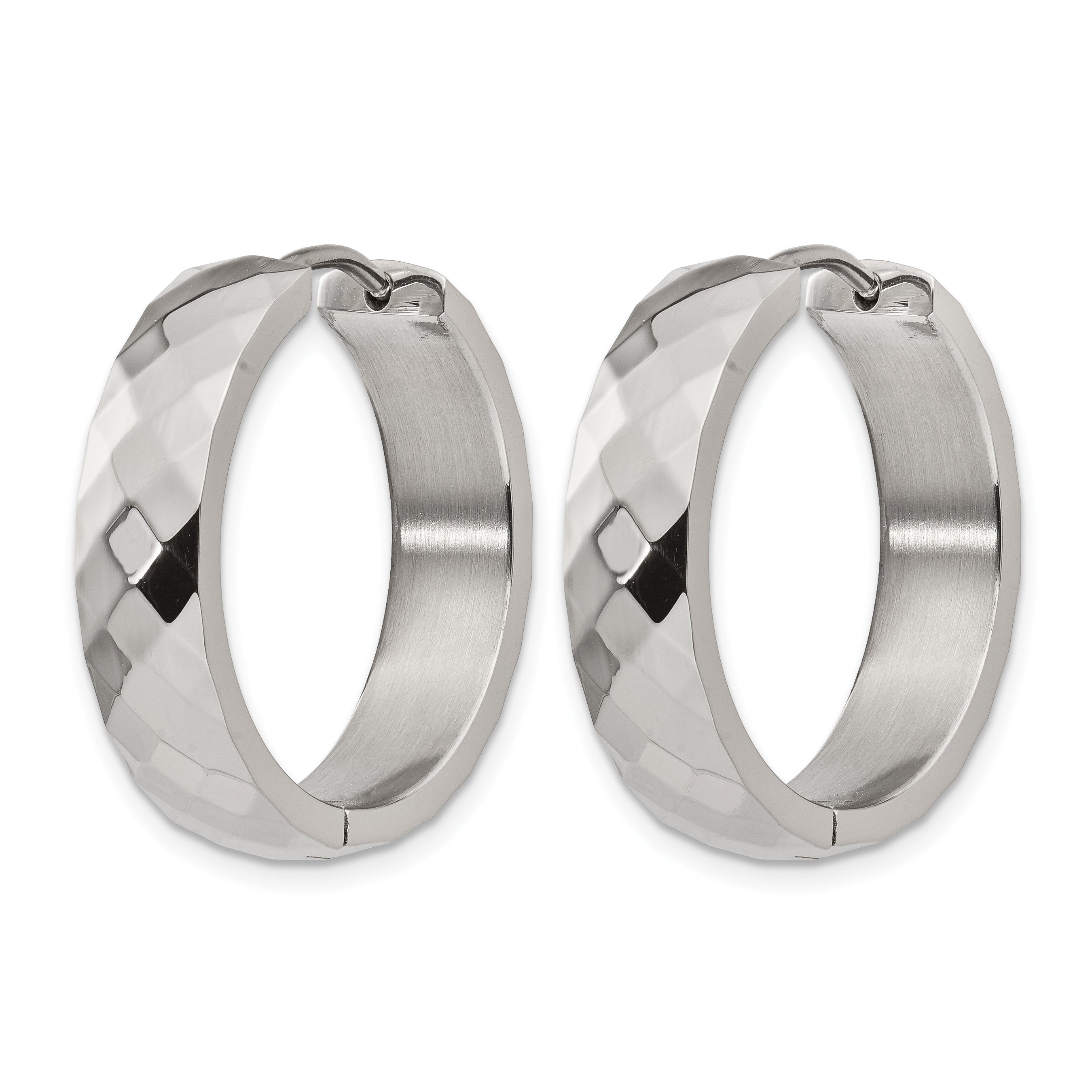 Stainless Steel Polished Textured Hinged Huggie Hoop Earrings