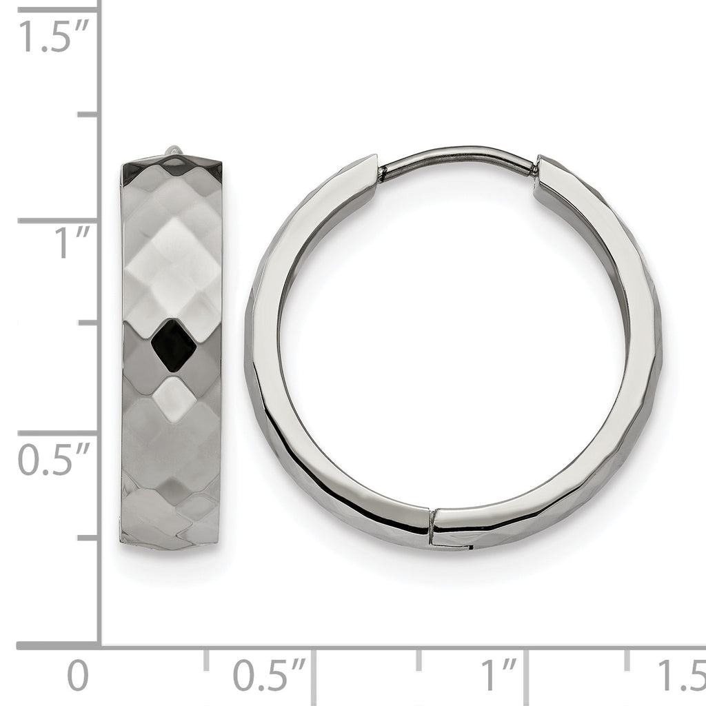 Stainless Steel Polished Textured Hinged Huggie Hoop Earrings