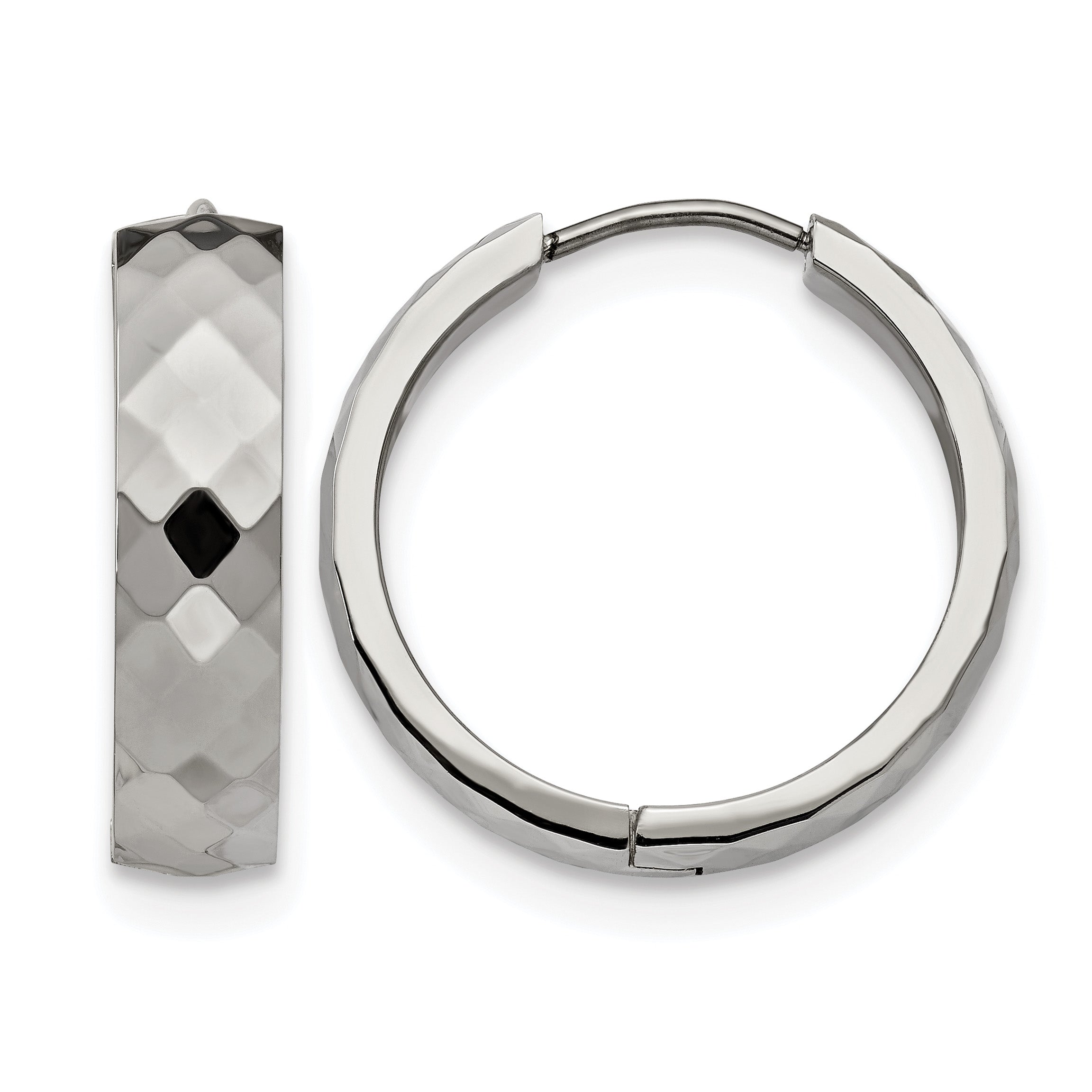 Stainless Steel Polished Textured Hinged Huggie Hoop Earrings Main image