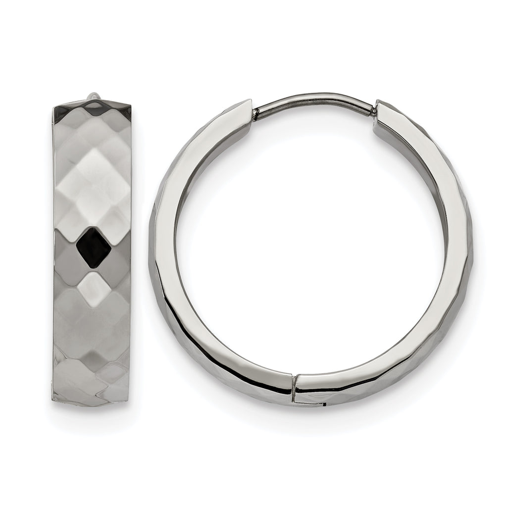 Stainless Steel Polished Textured Hinged Huggie Hoop Earrings