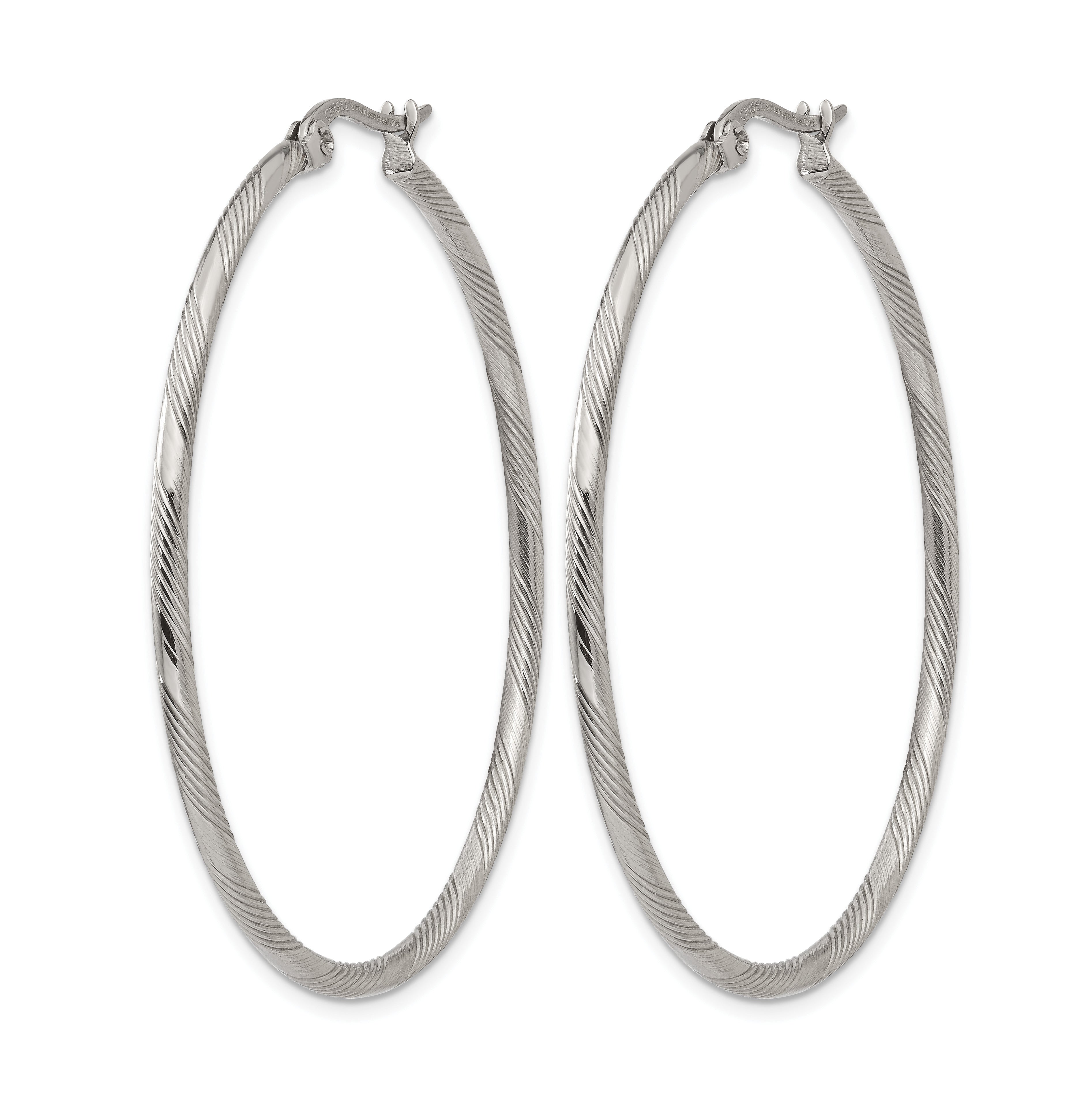 Stainless Steel Polished Textured Hinged Hoop Earrings for Women