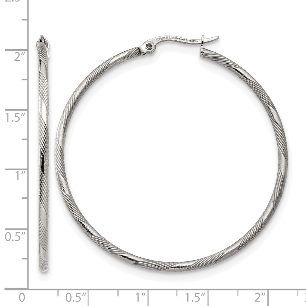 Stainless Steel Polished Textured Hinged Hoop Earrings for Women