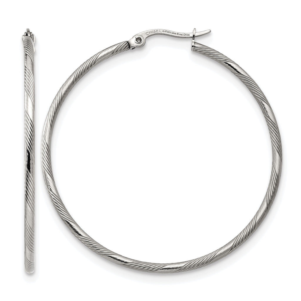 Stainless Steel Polished Textured Hinged Hoop Earrings for Women