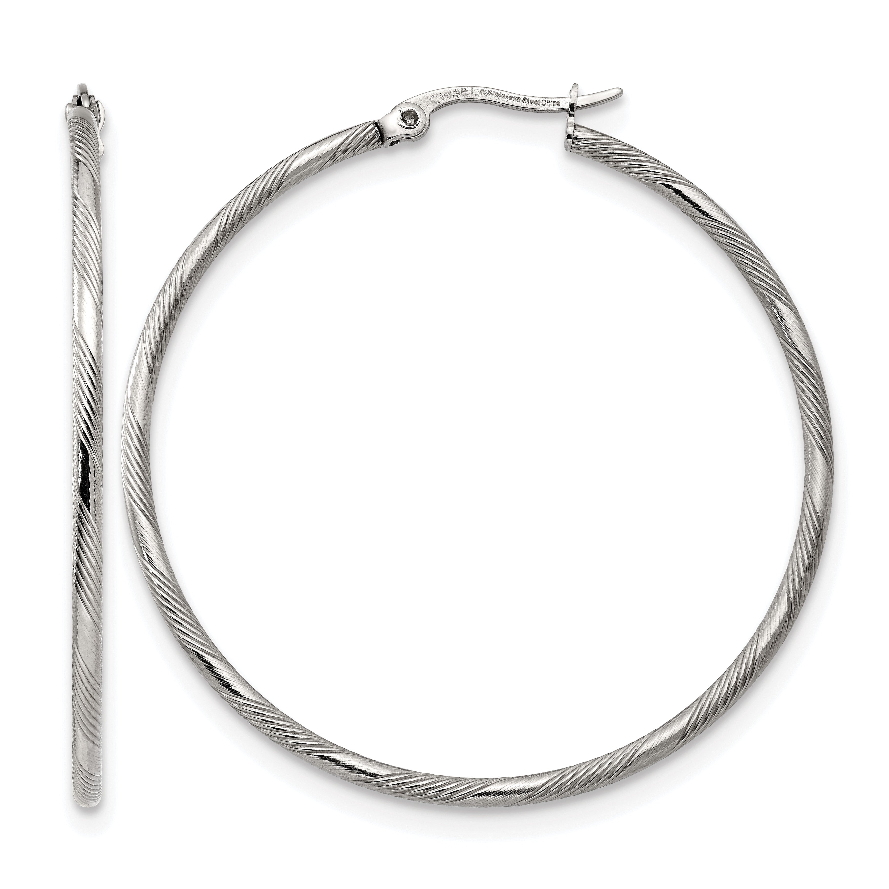 Stainless Steel Polished Textured Hinged Hoop Earrings for Women