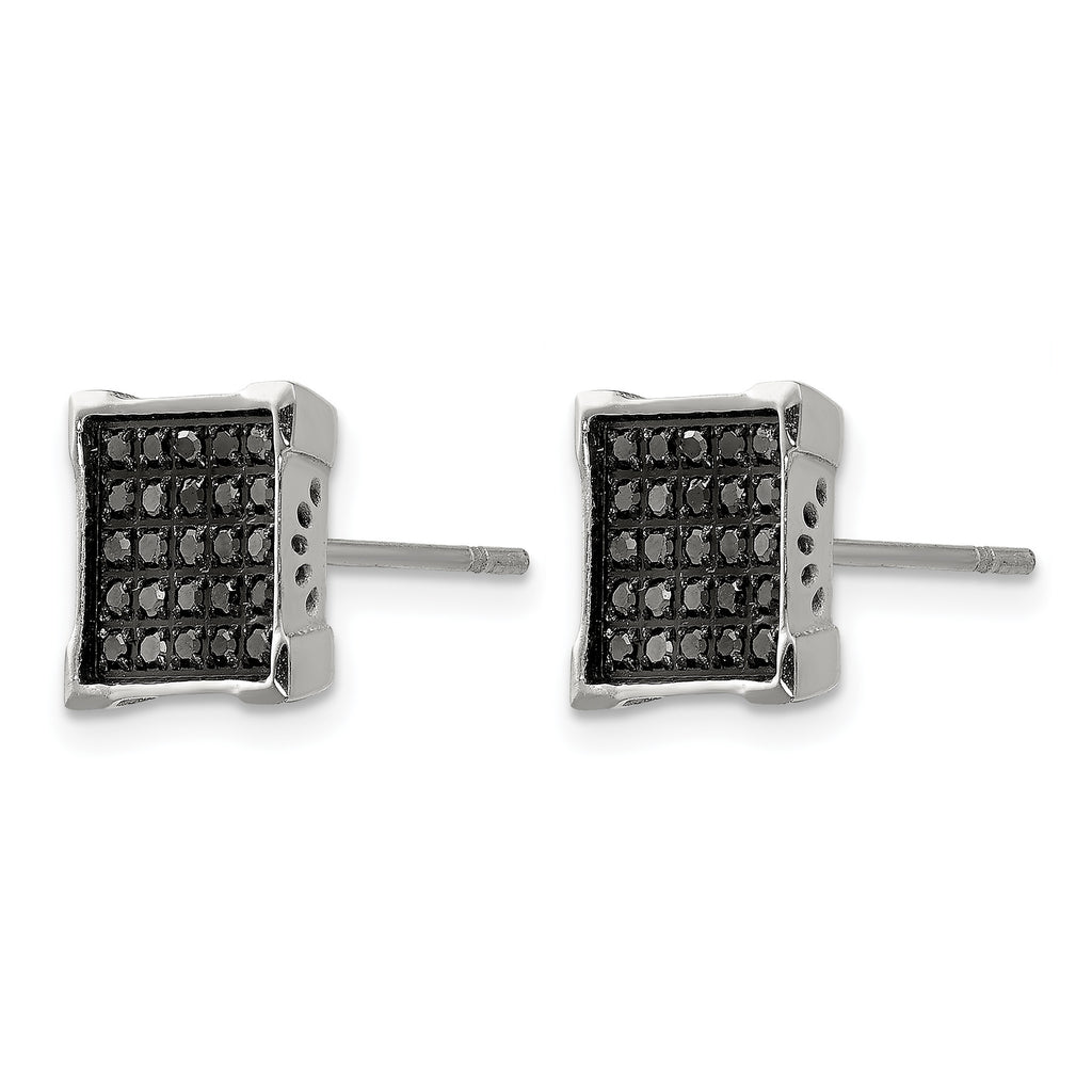 Stainless Steel Polished Square Black Diamond Cluster Button Earrings