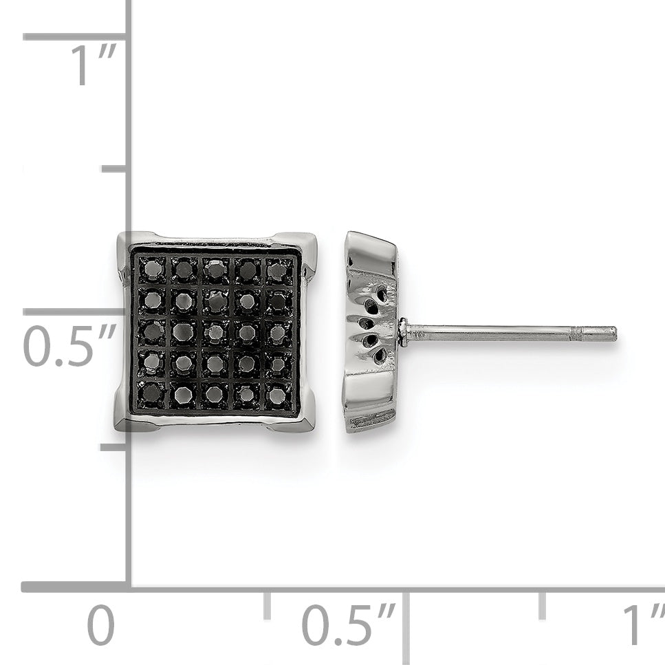 Stainless Steel Polished Square Black Diamond Cluster Button Earrings